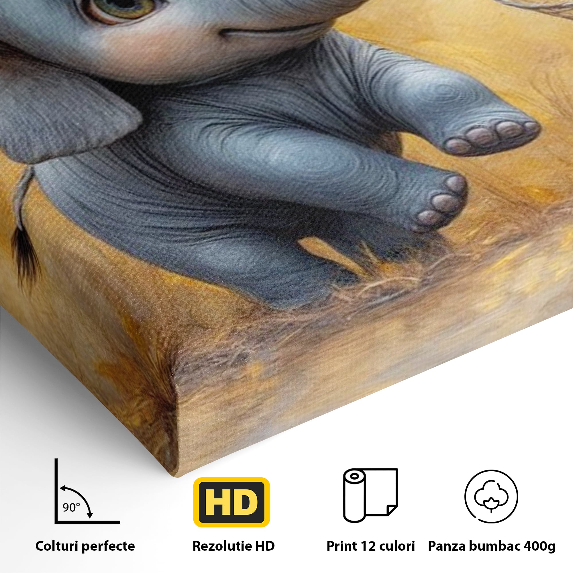 Tablou Canvas Premium, LuxCanva® K1027, Fluturasul si Elefantelul, Zbor, Aventura, Dragalas, Animale, Prietenie, Joaca, Pastel, Gradinita, Cresa, Inocenta, Copilarie, Galben, Camera Copii