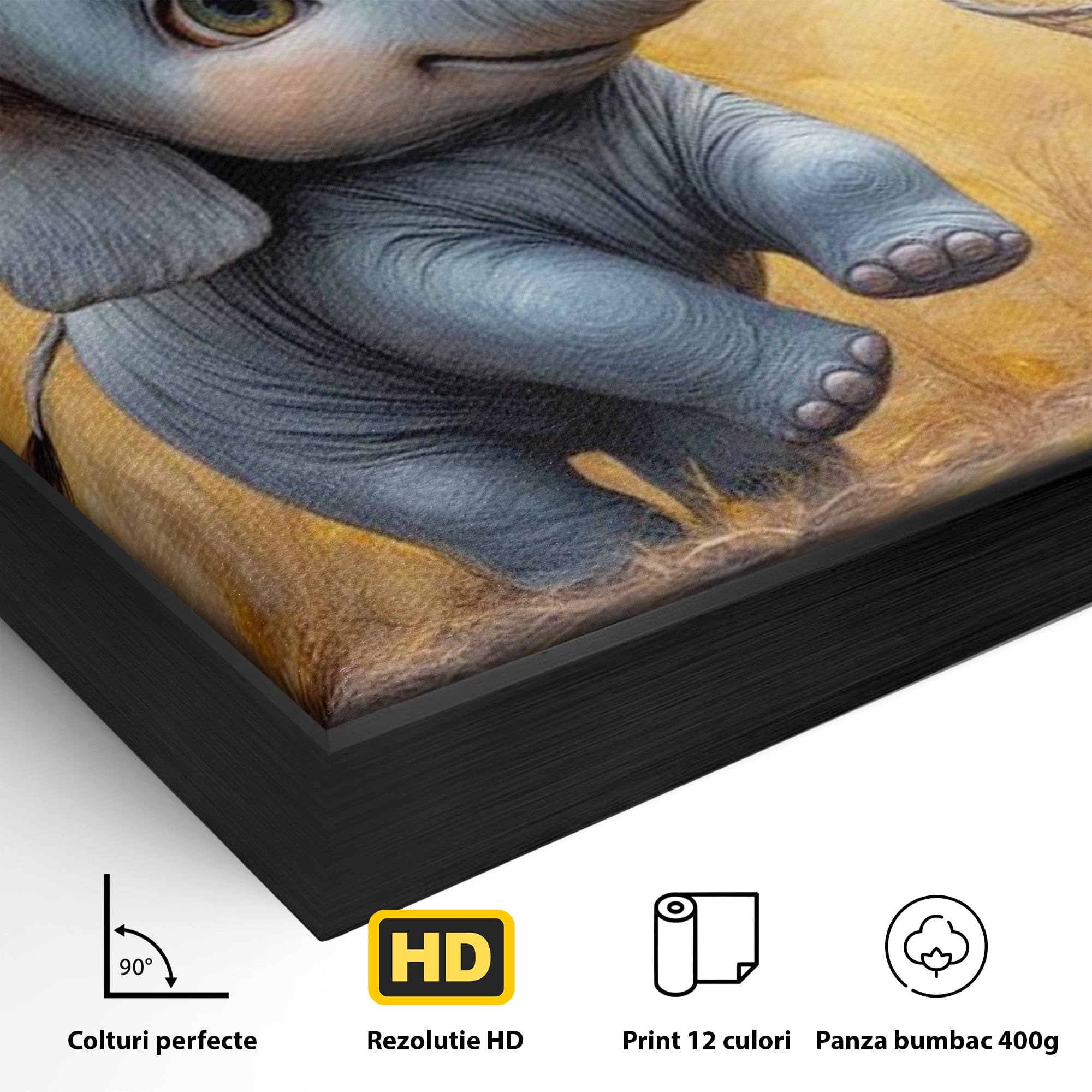 Tablou Canvas Premium, LuxCanva® K1027, Fluturasul si Elefantelul, Zbor, Aventura, Dragalas, Animale, Prietenie, Joaca, Pastel, Gradinita, Cresa, Inocenta, Copilarie, Galben, Camera Copii