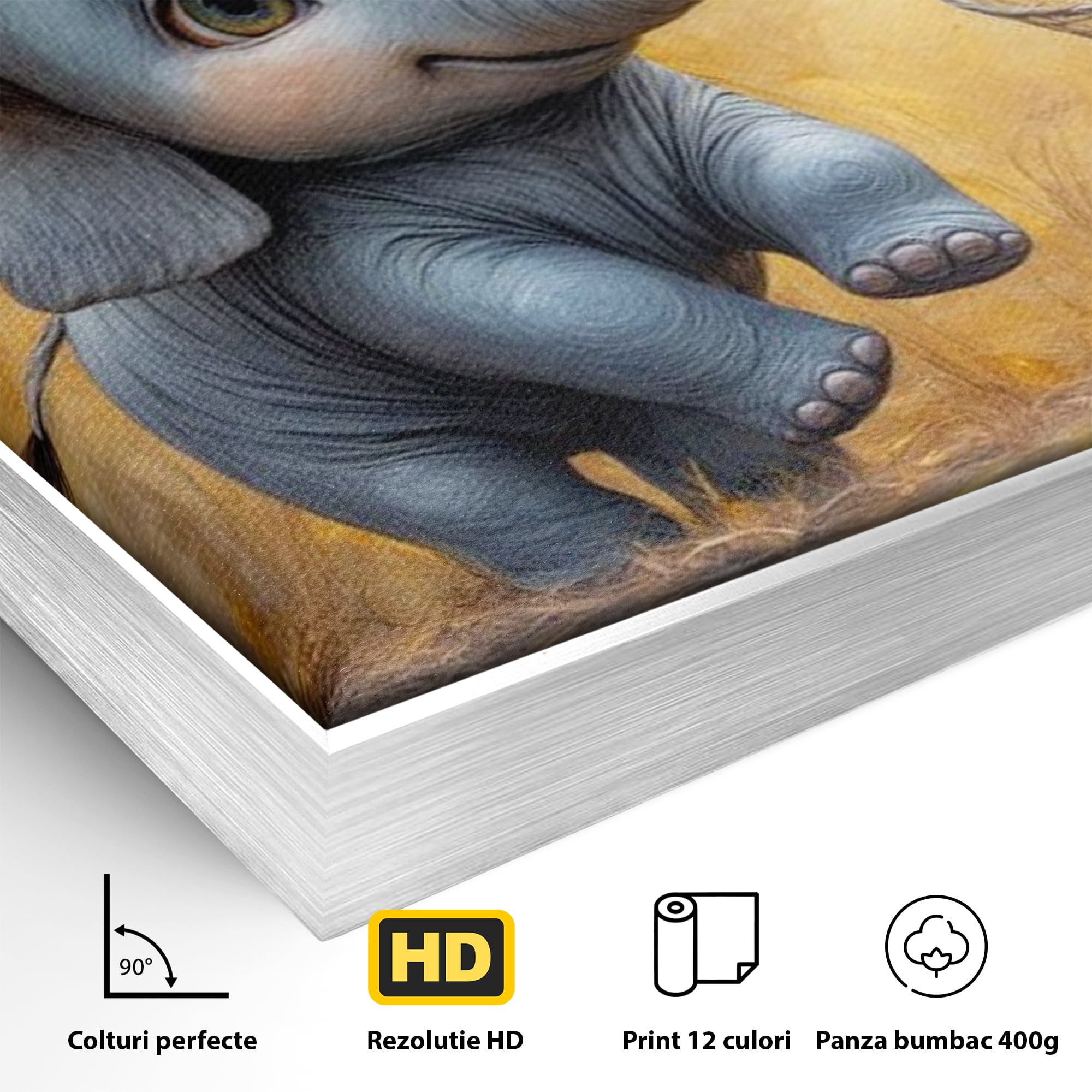 Tablou Canvas Premium, LuxCanva® K1027, Fluturasul si Elefantelul, Zbor, Aventura, Dragalas, Animale, Prietenie, Joaca, Pastel, Gradinita, Cresa, Inocenta, Copilarie, Galben, Camera Copii