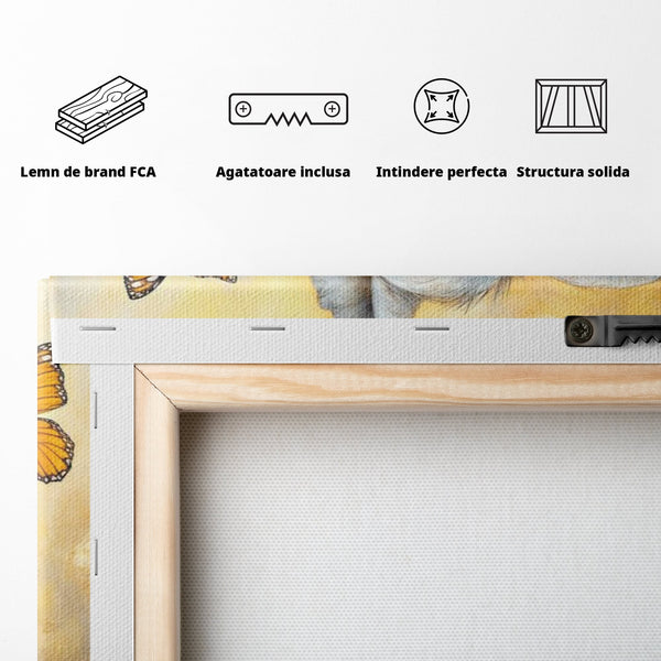 Tablou Canvas Premium, LuxCanva® K1027, Fluturasul si Elefantelul, Zbor, Aventura, Dragalas, Animale, Prietenie, Joaca, Pastel, Gradinita, Cresa, Inocenta, Copilarie, Galben, Camera Copii