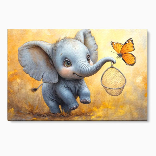 Tablou Canvas Premium, LuxCanva® K1027, Fluturasul si Elefantelul, Zbor, Aventura, Dragalas, Animale, Prietenie, Joaca, Pastel, Gradinita, Cresa, Inocenta, Copilarie, Galben, Camera Copii