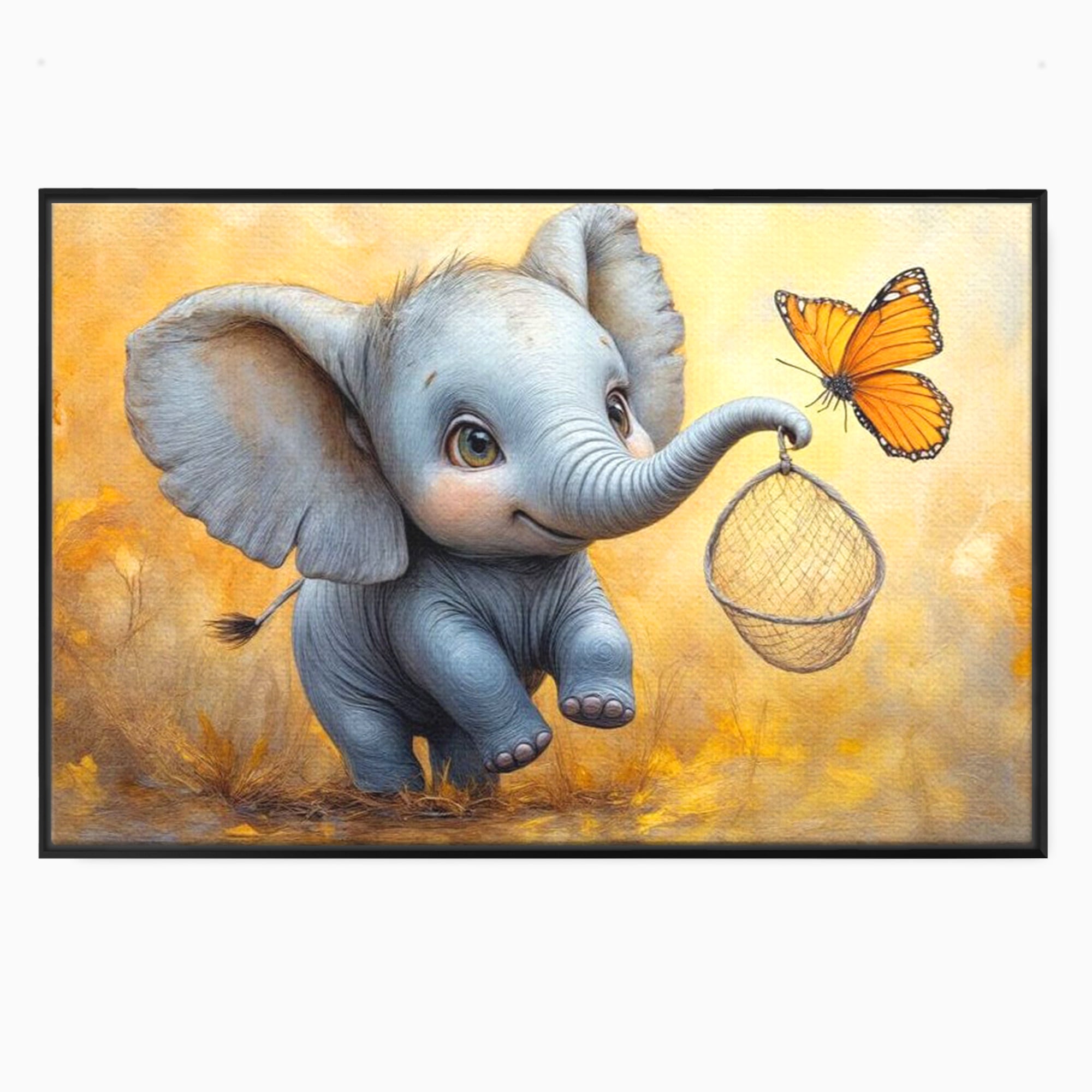 Tablou Canvas Premium, LuxCanva® K1027, Fluturasul si Elefantelul, Zbor, Aventura, Dragalas, Animale, Prietenie, Joaca, Pastel, Gradinita, Cresa, Inocenta, Copilarie, Galben, Camera Copii