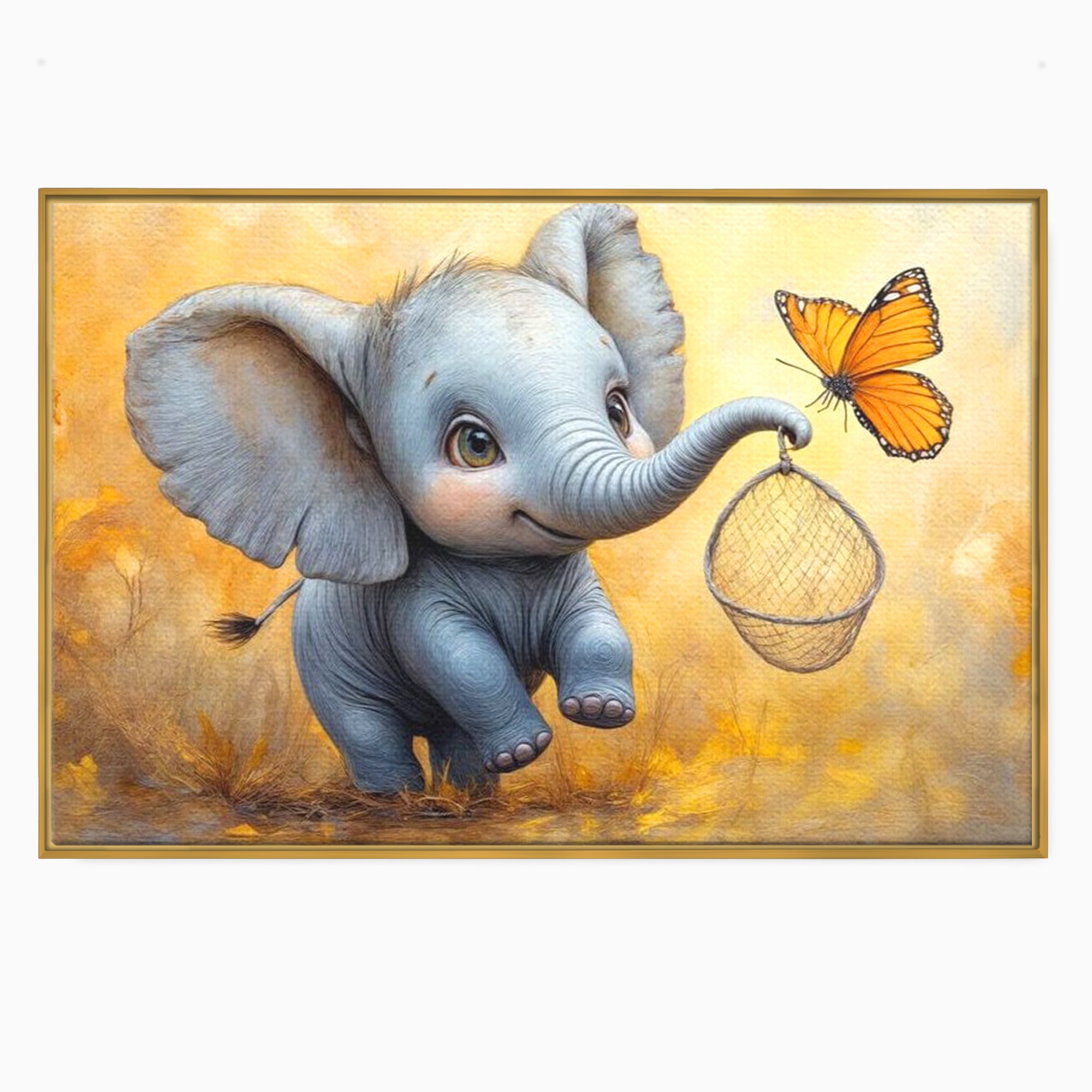 Tablou Canvas Premium, LuxCanva® K1027, Fluturasul si Elefantelul, Zbor, Aventura, Dragalas, Animale, Prietenie, Joaca, Pastel, Gradinita, Cresa, Inocenta, Copilarie, Galben, Camera Copii