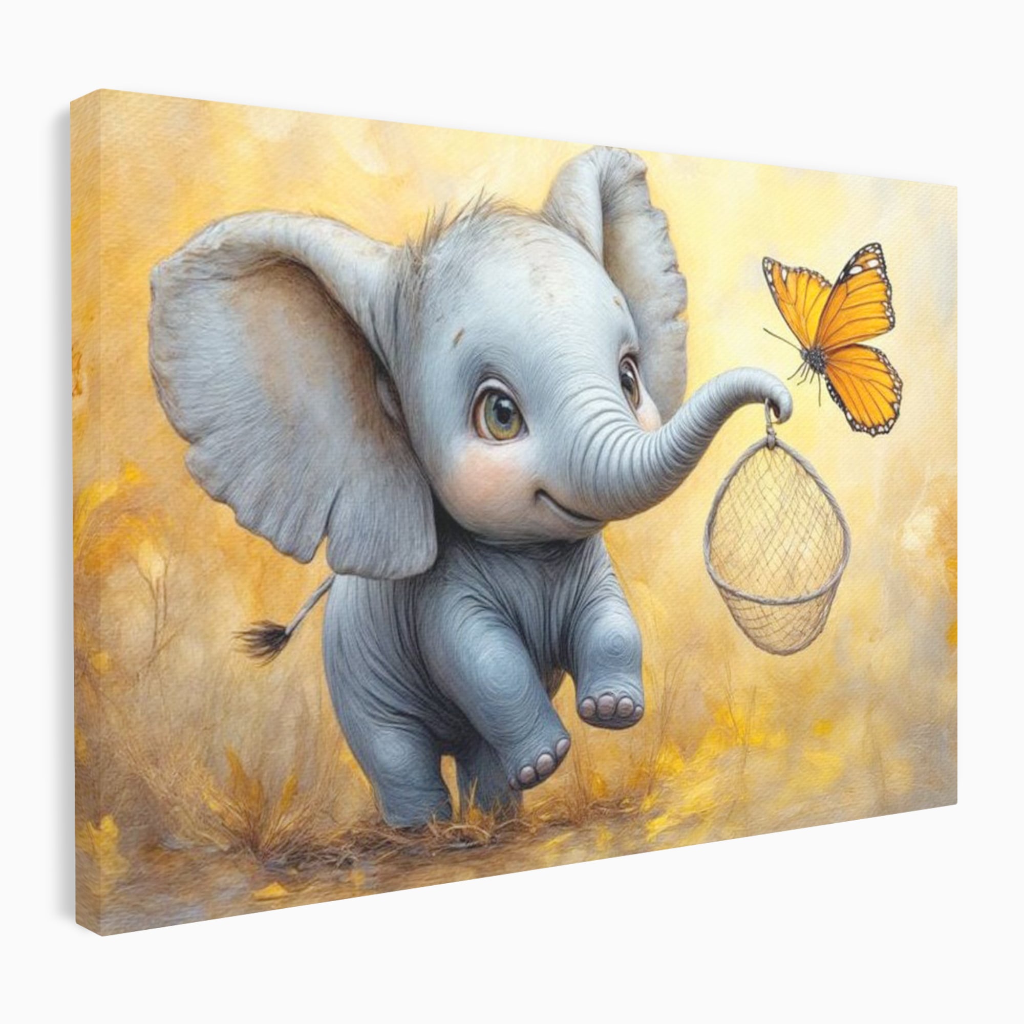 Tablou Canvas Premium, LuxCanva® K1027, Fluturasul si Elefantelul, Zbor, Aventura, Dragalas, Animale, Prietenie, Joaca, Pastel, Gradinita, Cresa, Inocenta, Copilarie, Galben, Camera Copii