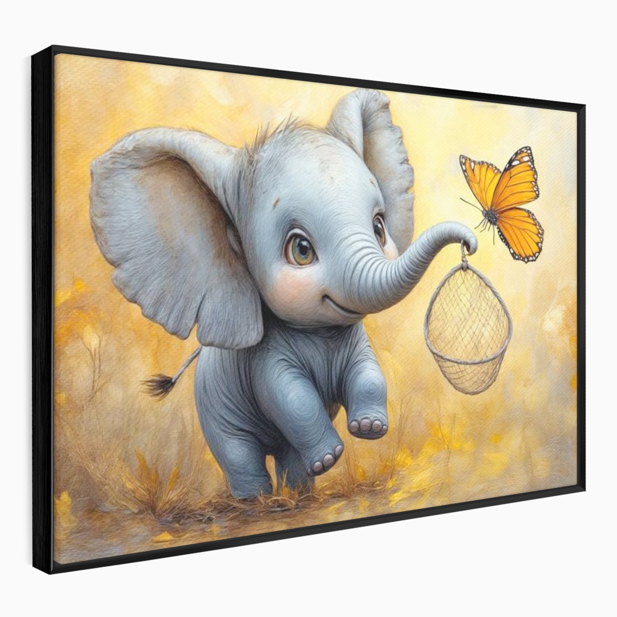 Tablou Canvas Premium, LuxCanva® K1027, Fluturasul si Elefantelul, Zbor, Aventura, Dragalas, Animale, Prietenie, Joaca, Pastel, Gradinita, Cresa, Inocenta, Copilarie, Galben, Camera Copii