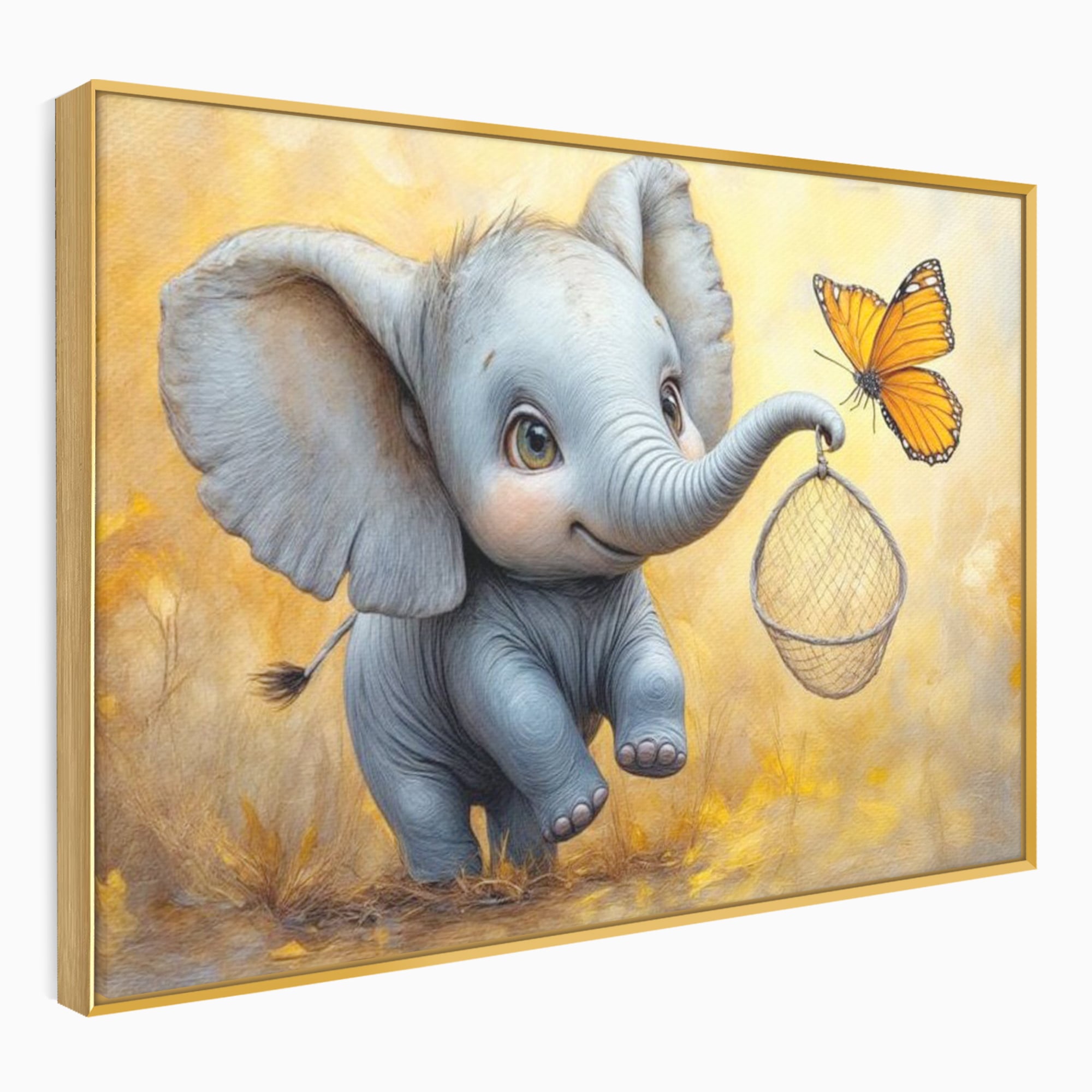 Tablou Canvas Premium, LuxCanva® K1027, Fluturasul si Elefantelul, Zbor, Aventura, Dragalas, Animale, Prietenie, Joaca, Pastel, Gradinita, Cresa, Inocenta, Copilarie, Galben, Camera Copii