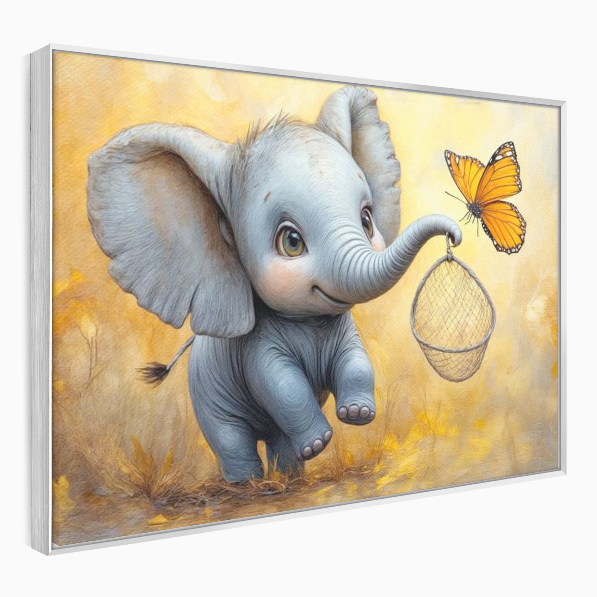 Tablou Canvas Premium, LuxCanva® K1027, Fluturasul si Elefantelul, Zbor, Aventura, Dragalas, Animale, Prietenie, Joaca, Pastel, Gradinita, Cresa, Inocenta, Copilarie, Galben, Camera Copii