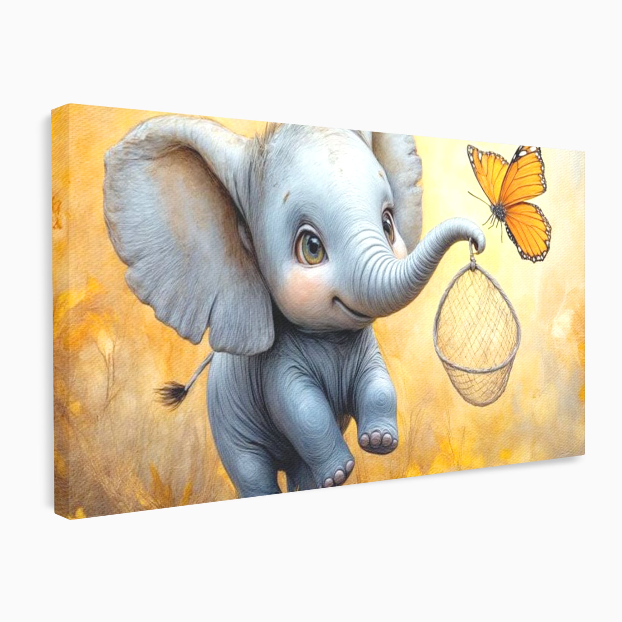 Tablou Canvas Premium, LuxCanva® K1027, Fluturasul si Elefantelul, Zbor, Aventura, Dragalas, Animale, Prietenie, Joaca, Pastel, Gradinita, Cresa, Inocenta, Copilarie, Galben, Camera Copii
