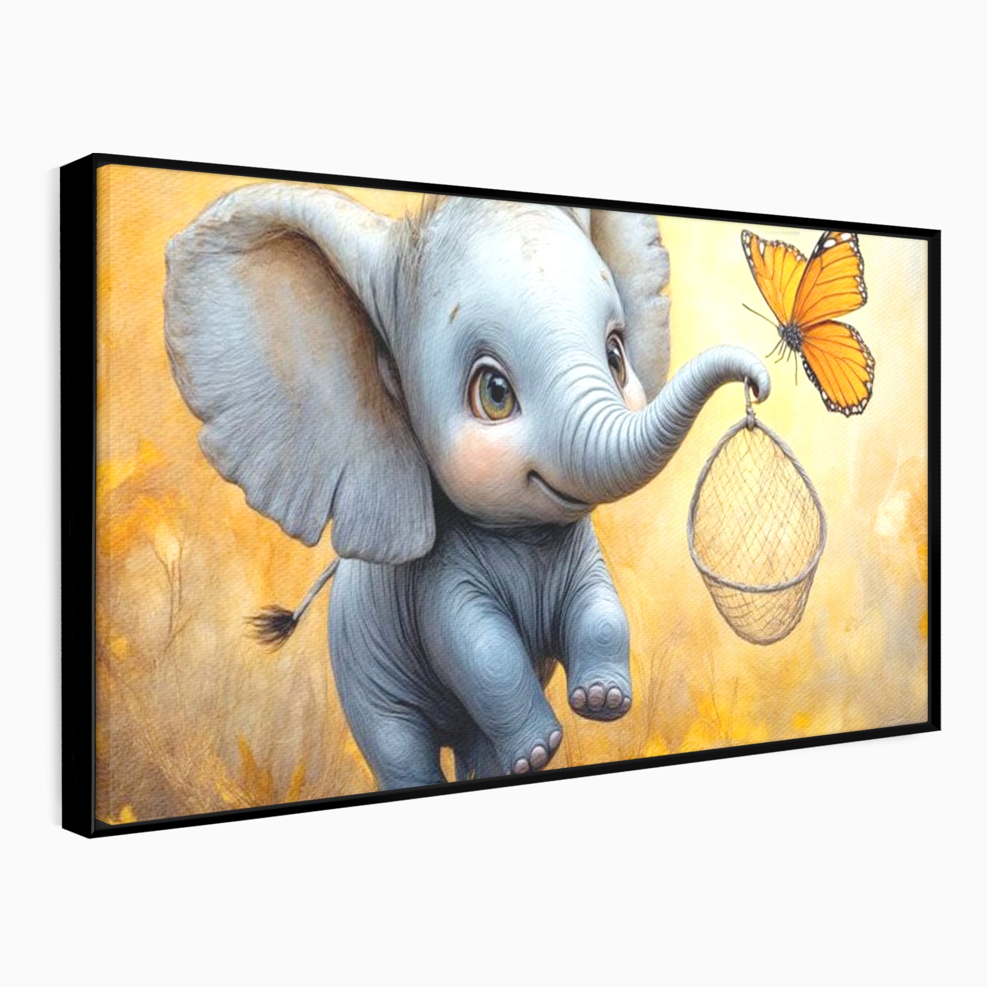 Tablou Canvas Premium, LuxCanva® K1027, Fluturasul si Elefantelul, Zbor, Aventura, Dragalas, Animale, Prietenie, Joaca, Pastel, Gradinita, Cresa, Inocenta, Copilarie, Galben, Camera Copii
