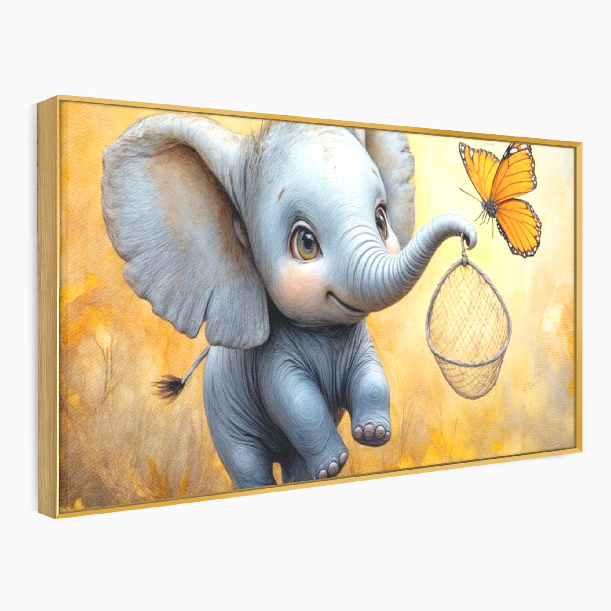 Tablou Canvas Premium, LuxCanva® K1027, Fluturasul si Elefantelul, Zbor, Aventura, Dragalas, Animale, Prietenie, Joaca, Pastel, Gradinita, Cresa, Inocenta, Copilarie, Galben, Camera Copii