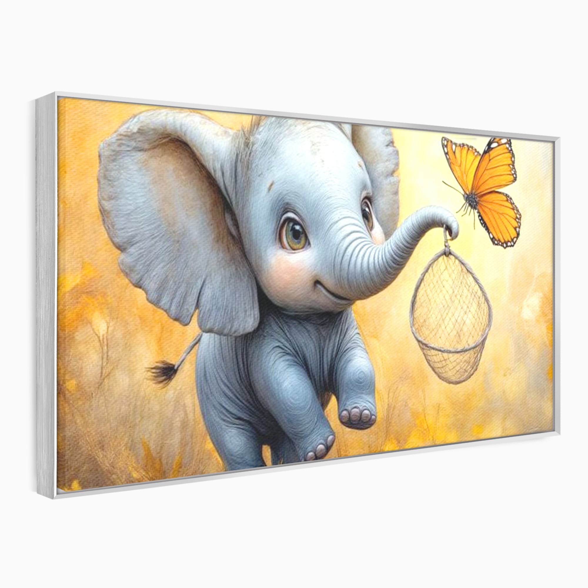 Tablou Canvas Premium, LuxCanva® K1027, Fluturasul si Elefantelul, Zbor, Aventura, Dragalas, Animale, Prietenie, Joaca, Pastel, Gradinita, Cresa, Inocenta, Copilarie, Galben, Camera Copii