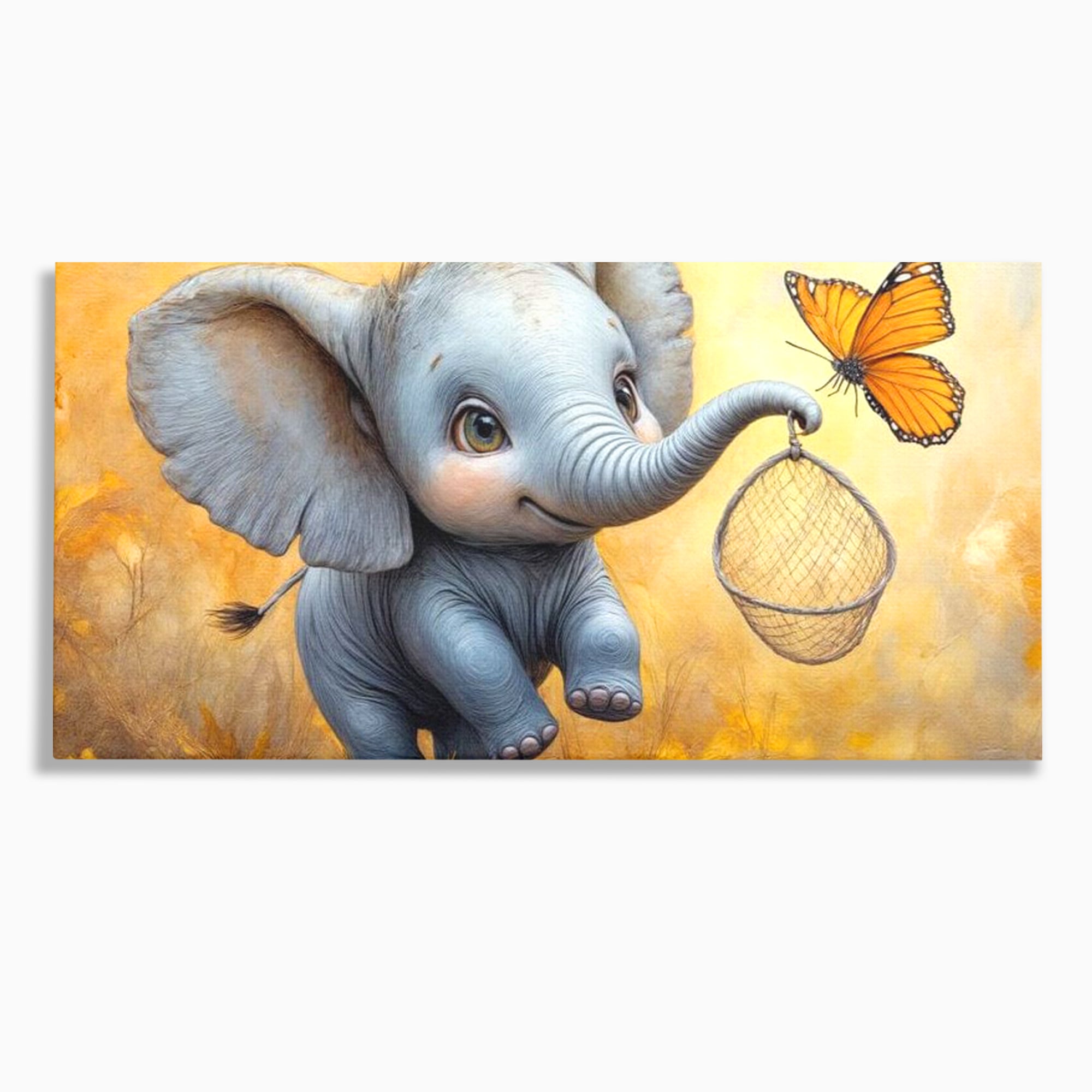 Tablou Canvas Premium, LuxCanva® K1027, Fluturasul si Elefantelul, Zbor, Aventura, Dragalas, Animale, Prietenie, Joaca, Pastel, Gradinita, Cresa, Inocenta, Copilarie, Galben, Camera Copii