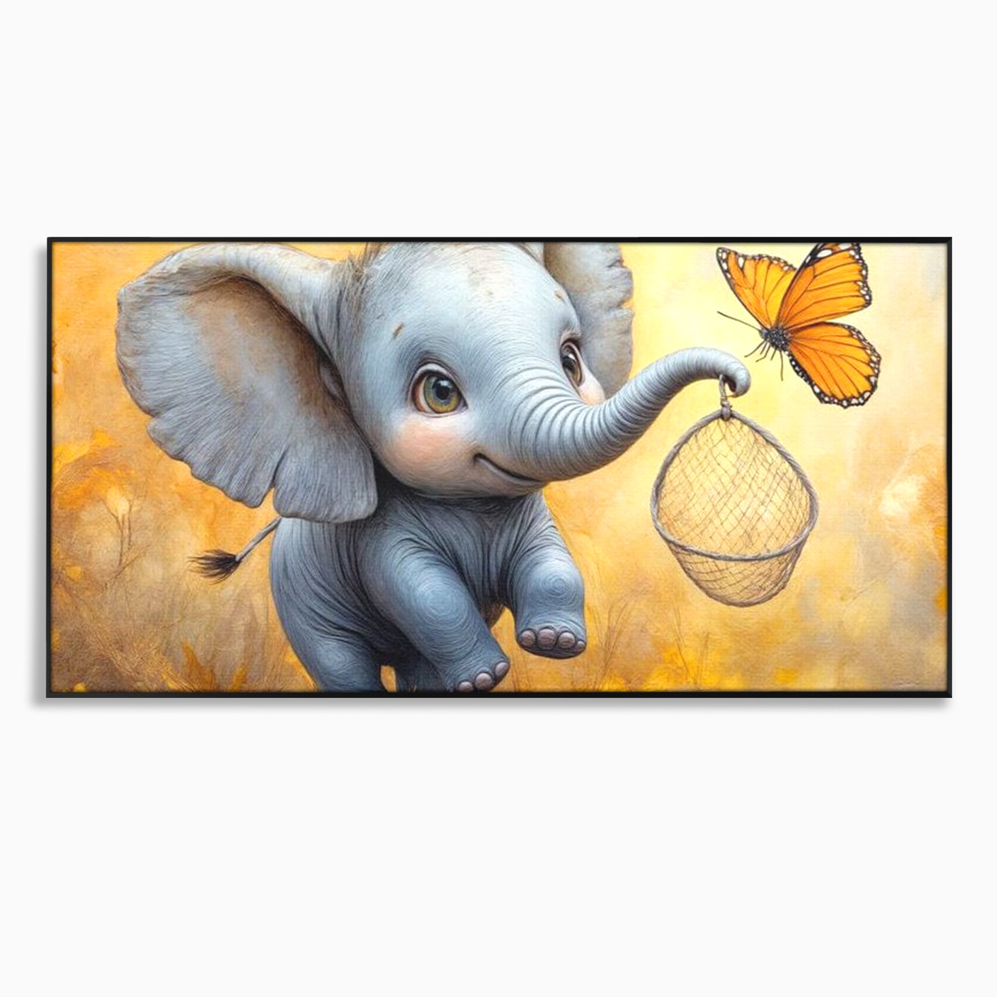 Tablou Canvas Premium, LuxCanva® K1027, Fluturasul si Elefantelul, Zbor, Aventura, Dragalas, Animale, Prietenie, Joaca, Pastel, Gradinita, Cresa, Inocenta, Copilarie, Galben, Camera Copii