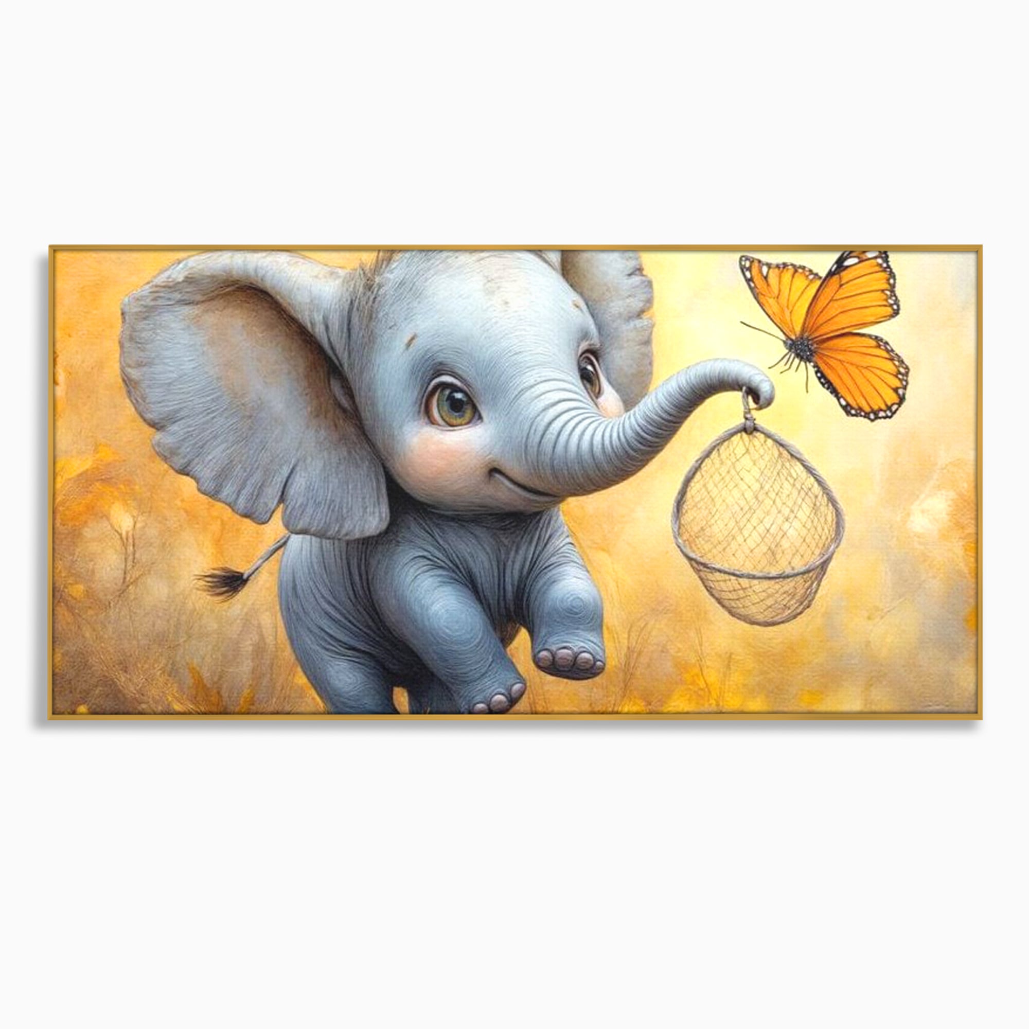 Tablou Canvas Premium, LuxCanva® K1027, Fluturasul si Elefantelul, Zbor, Aventura, Dragalas, Animale, Prietenie, Joaca, Pastel, Gradinita, Cresa, Inocenta, Copilarie, Galben, Camera Copii