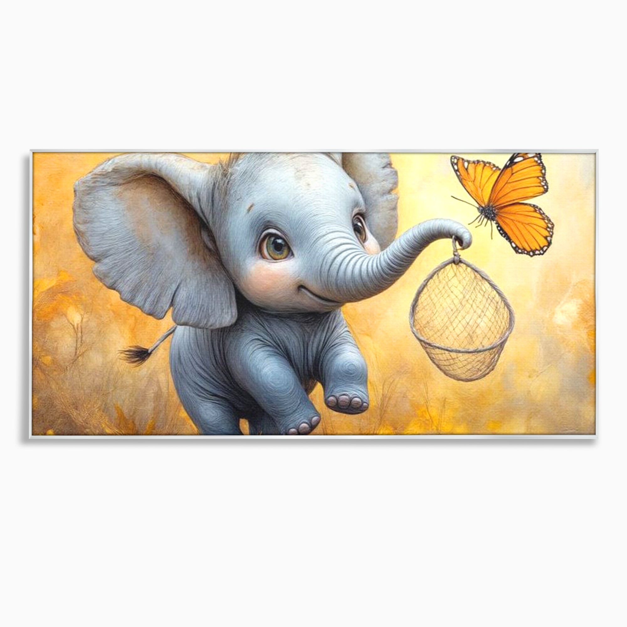Tablou Canvas Premium, LuxCanva® K1027, Fluturasul si Elefantelul, Zbor, Aventura, Dragalas, Animale, Prietenie, Joaca, Pastel, Gradinita, Cresa, Inocenta, Copilarie, Galben, Camera Copii