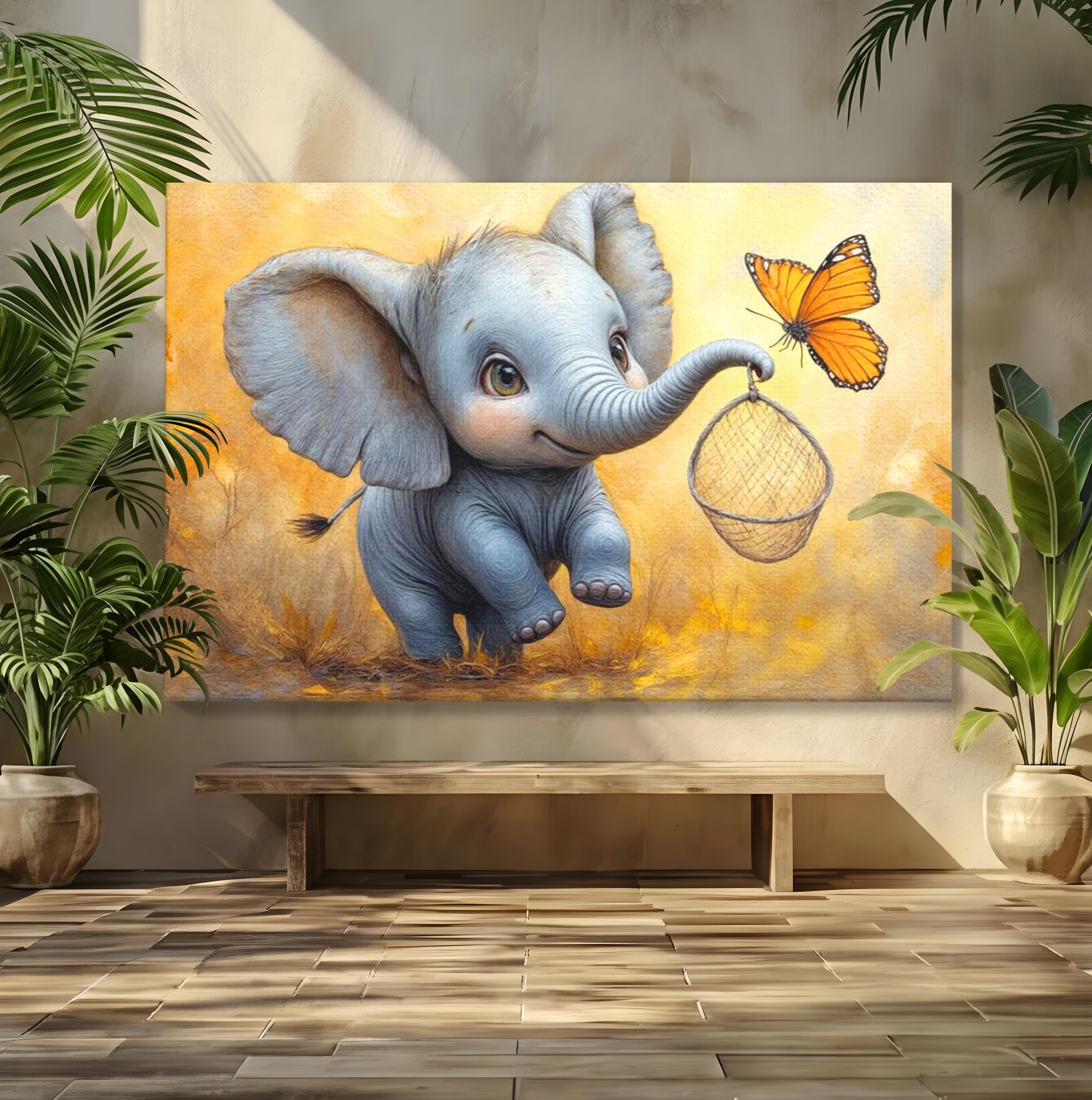 Tablou Canvas Premium, LuxCanva® K1027, Fluturasul si Elefantelul, Zbor, Aventura, Dragalas, Animale, Prietenie, Joaca, Pastel, Gradinita, Cresa, Inocenta, Copilarie, Galben, Camera Copii