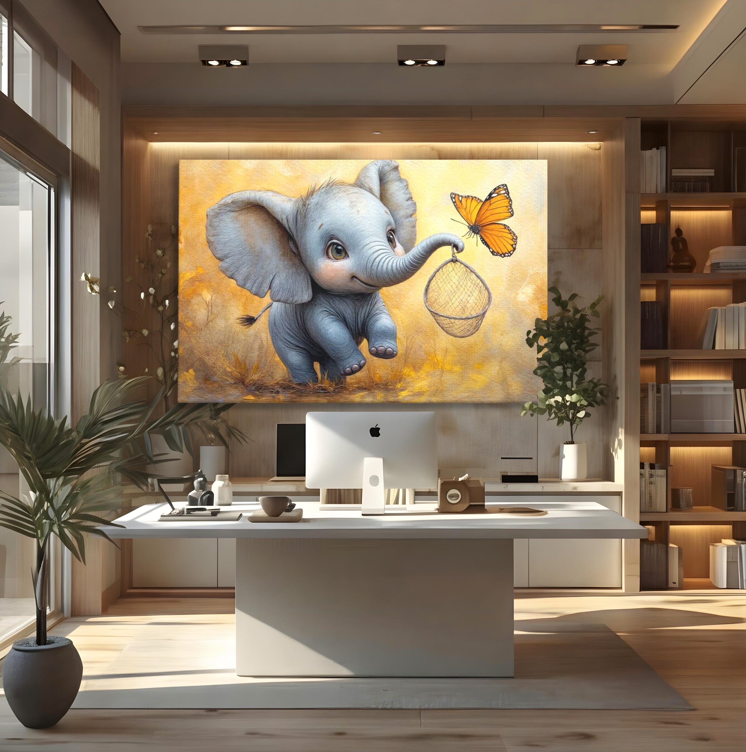 Tablou Canvas Premium, LuxCanva® K1027, Fluturasul si Elefantelul, Zbor, Aventura, Dragalas, Animale, Prietenie, Joaca, Pastel, Gradinita, Cresa, Inocenta, Copilarie, Galben, Camera Copii
