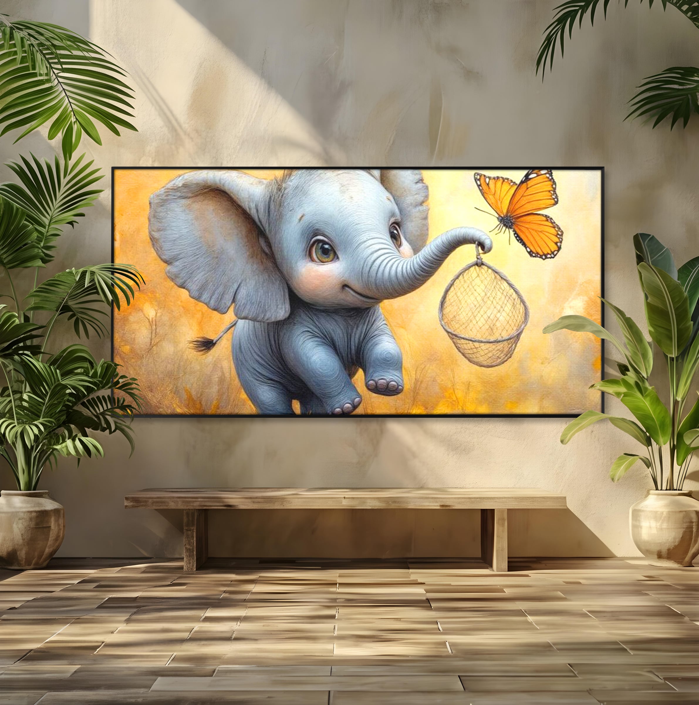 Tablou Canvas Premium, LuxCanva® K1027, Fluturasul si Elefantelul, Zbor, Aventura, Dragalas, Animale, Prietenie, Joaca, Pastel, Gradinita, Cresa, Inocenta, Copilarie, Galben, Camera Copii