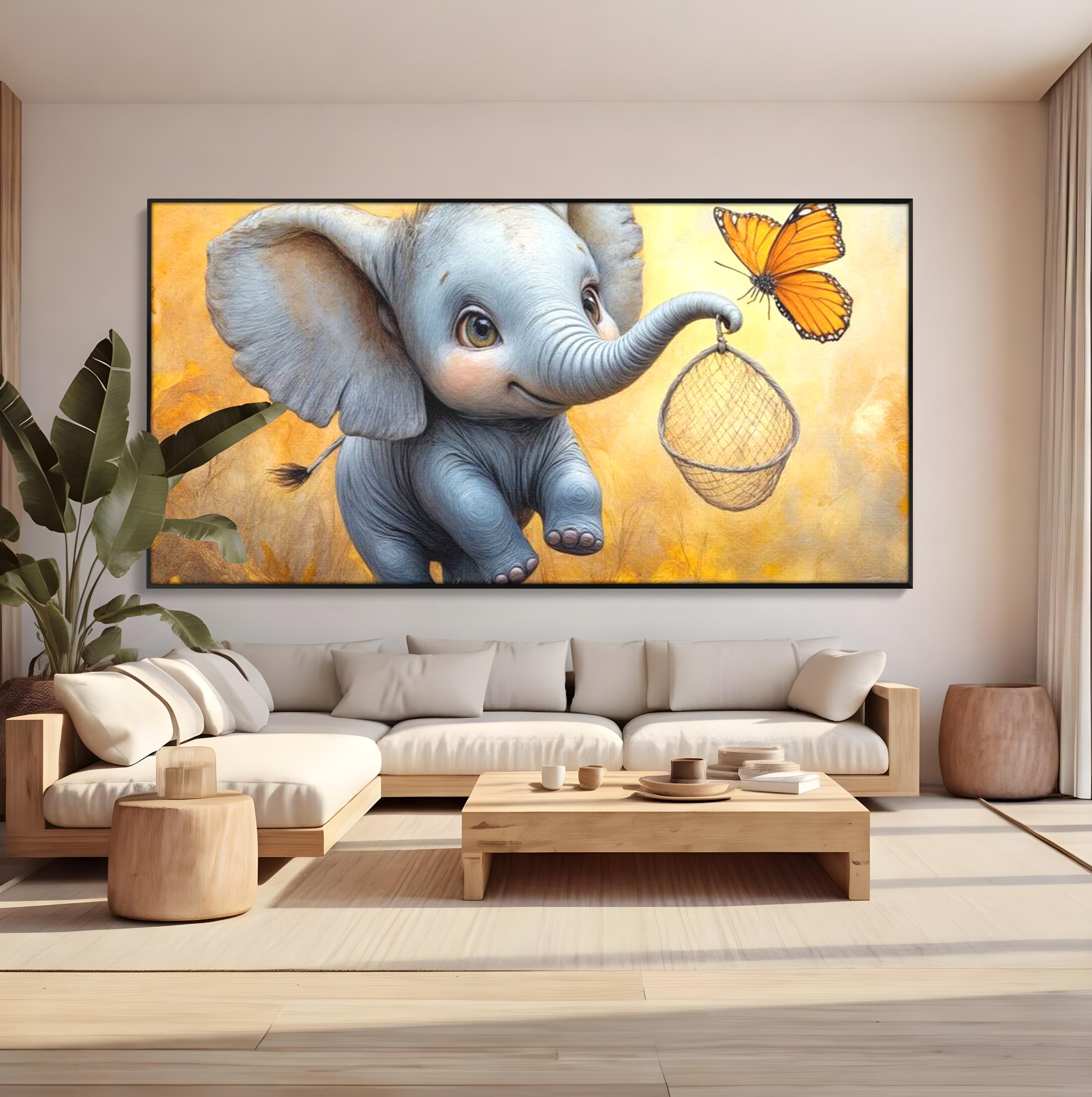 Tablou Canvas Premium, LuxCanva® K1027, Fluturasul si Elefantelul, Zbor, Aventura, Dragalas, Animale, Prietenie, Joaca, Pastel, Gradinita, Cresa, Inocenta, Copilarie, Galben, Camera Copii