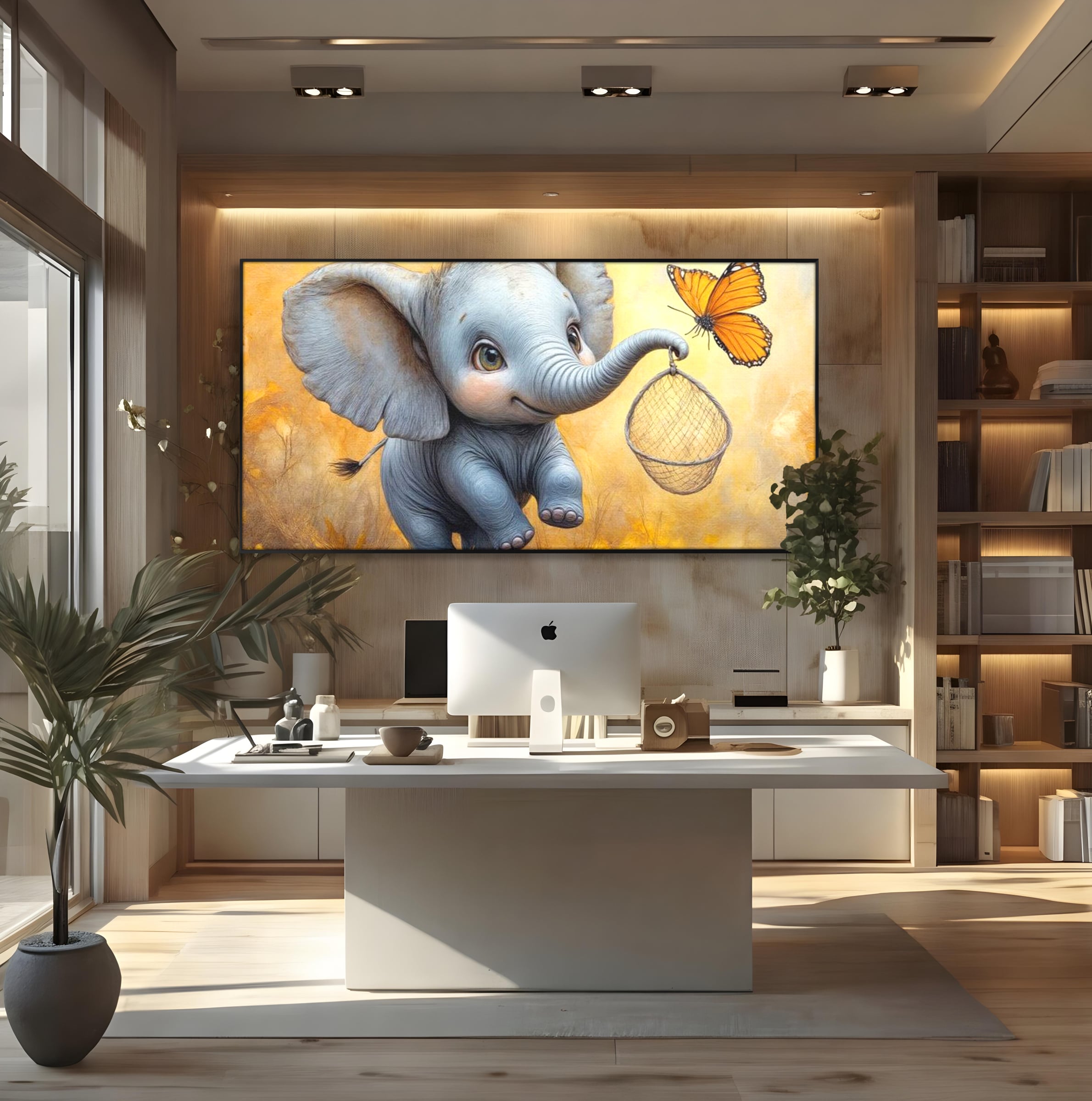 Tablou Canvas Premium, LuxCanva® K1027, Fluturasul si Elefantelul, Zbor, Aventura, Dragalas, Animale, Prietenie, Joaca, Pastel, Gradinita, Cresa, Inocenta, Copilarie, Galben, Camera Copii