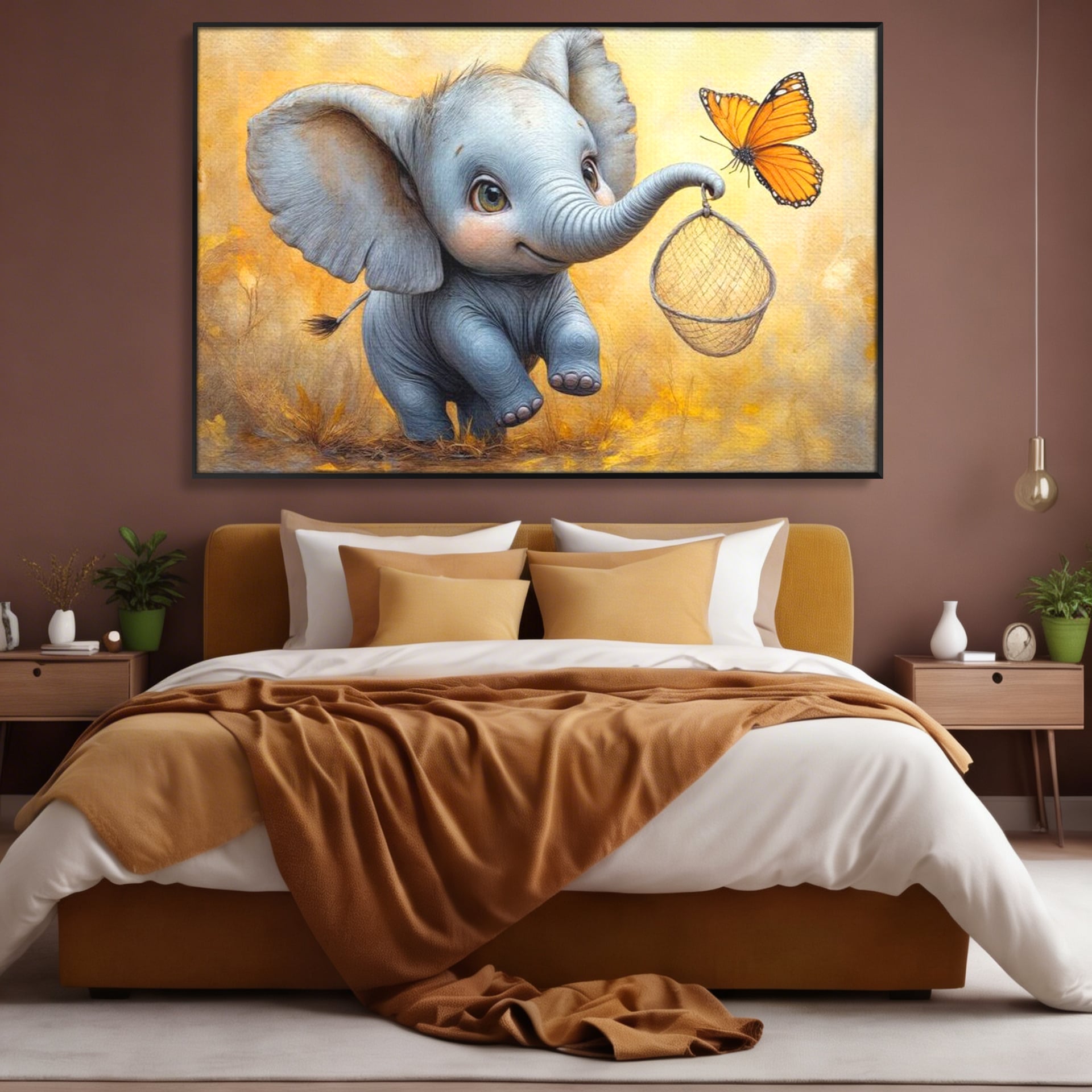 Tablou Canvas Premium, LuxCanva® K1027, Fluturasul si Elefantelul, Zbor, Aventura, Dragalas, Animale, Prietenie, Joaca, Pastel, Gradinita, Cresa, Inocenta, Copilarie, Galben, Camera Copii