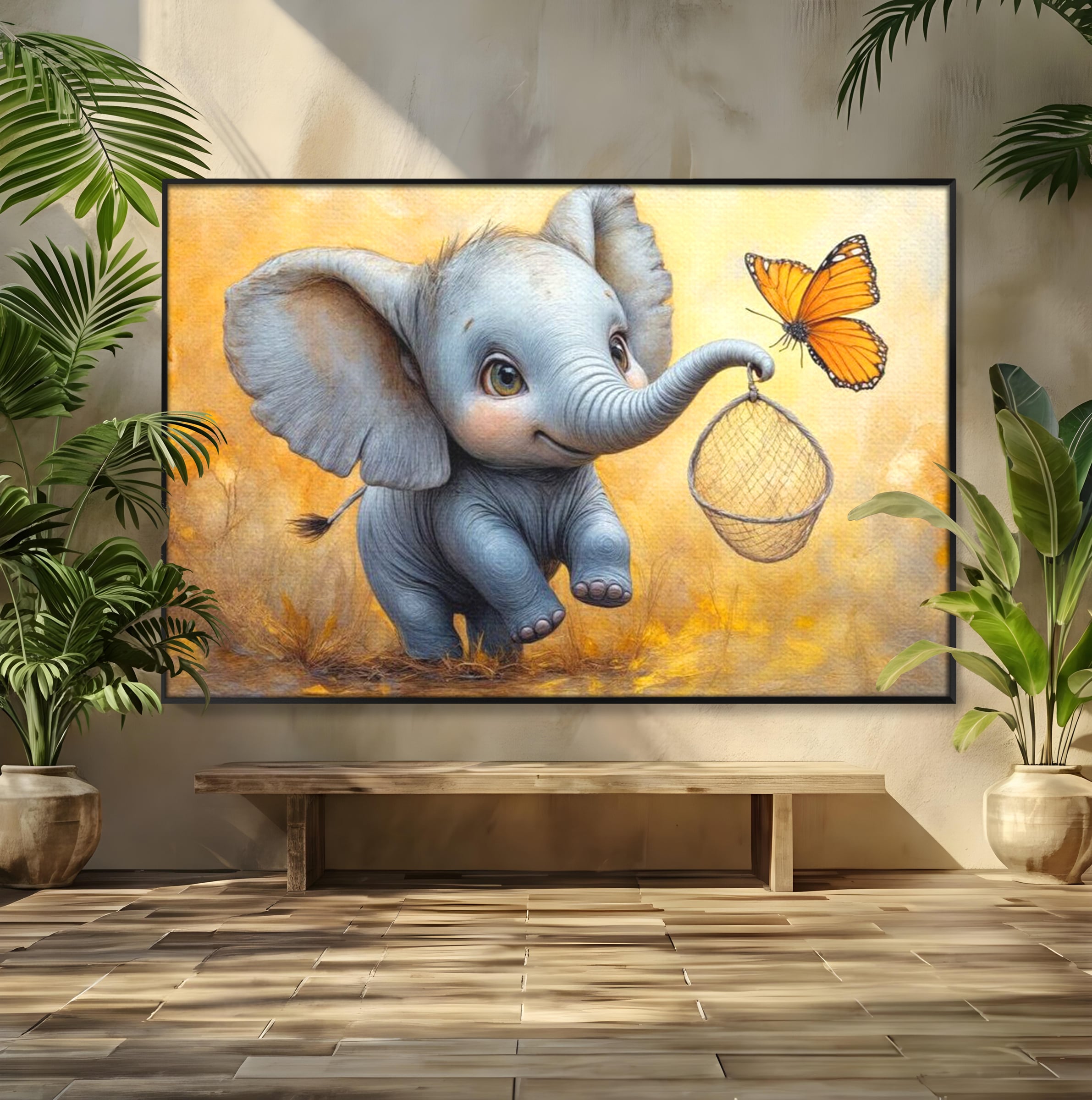 Tablou Canvas Premium, LuxCanva® K1027, Fluturasul si Elefantelul, Zbor, Aventura, Dragalas, Animale, Prietenie, Joaca, Pastel, Gradinita, Cresa, Inocenta, Copilarie, Galben, Camera Copii
