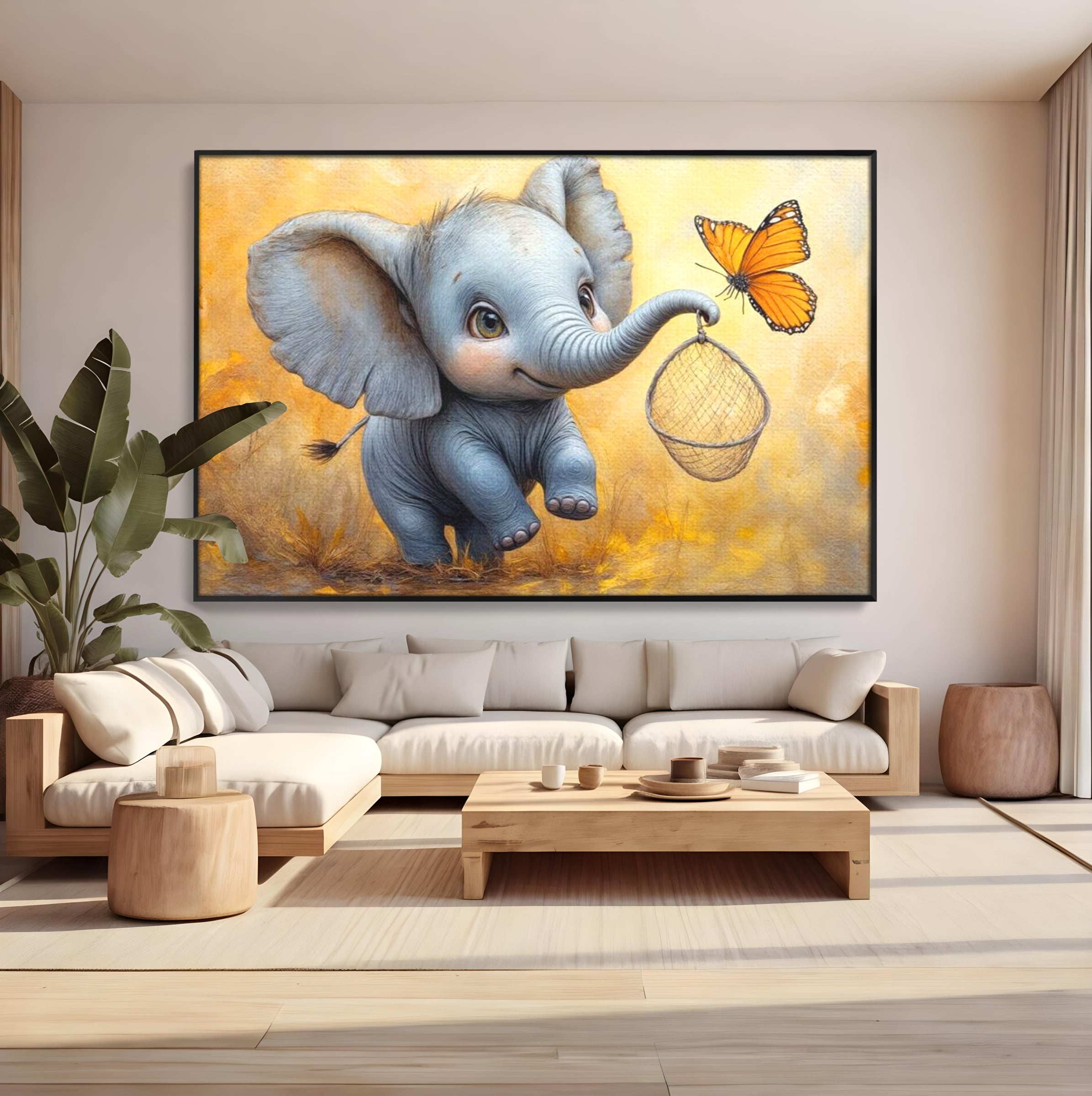 Tablou Canvas Premium, LuxCanva® K1027, Fluturasul si Elefantelul, Zbor, Aventura, Dragalas, Animale, Prietenie, Joaca, Pastel, Gradinita, Cresa, Inocenta, Copilarie, Galben, Camera Copii