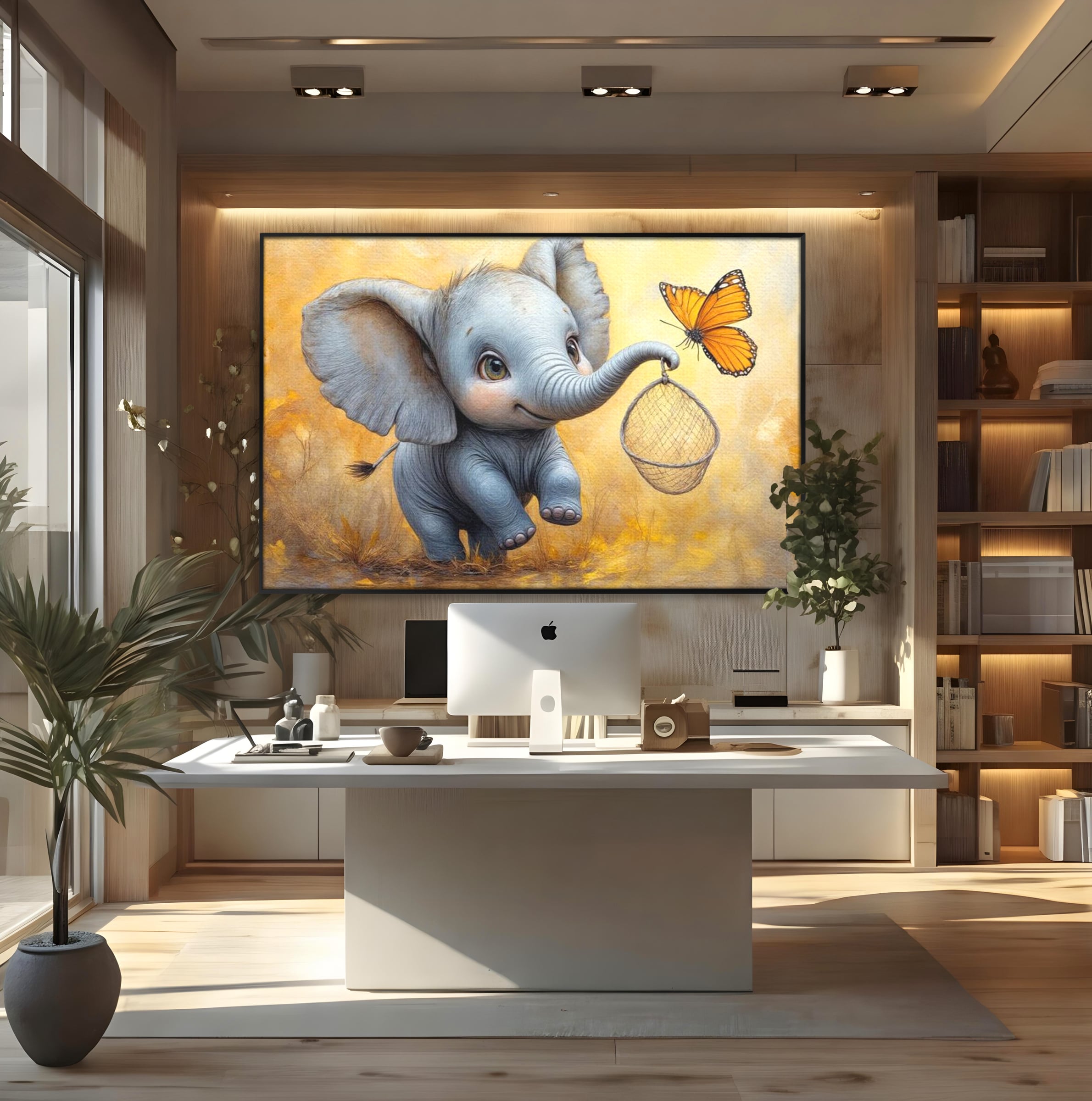 Tablou Canvas Premium, LuxCanva® K1027, Fluturasul si Elefantelul, Zbor, Aventura, Dragalas, Animale, Prietenie, Joaca, Pastel, Gradinita, Cresa, Inocenta, Copilarie, Galben, Camera Copii