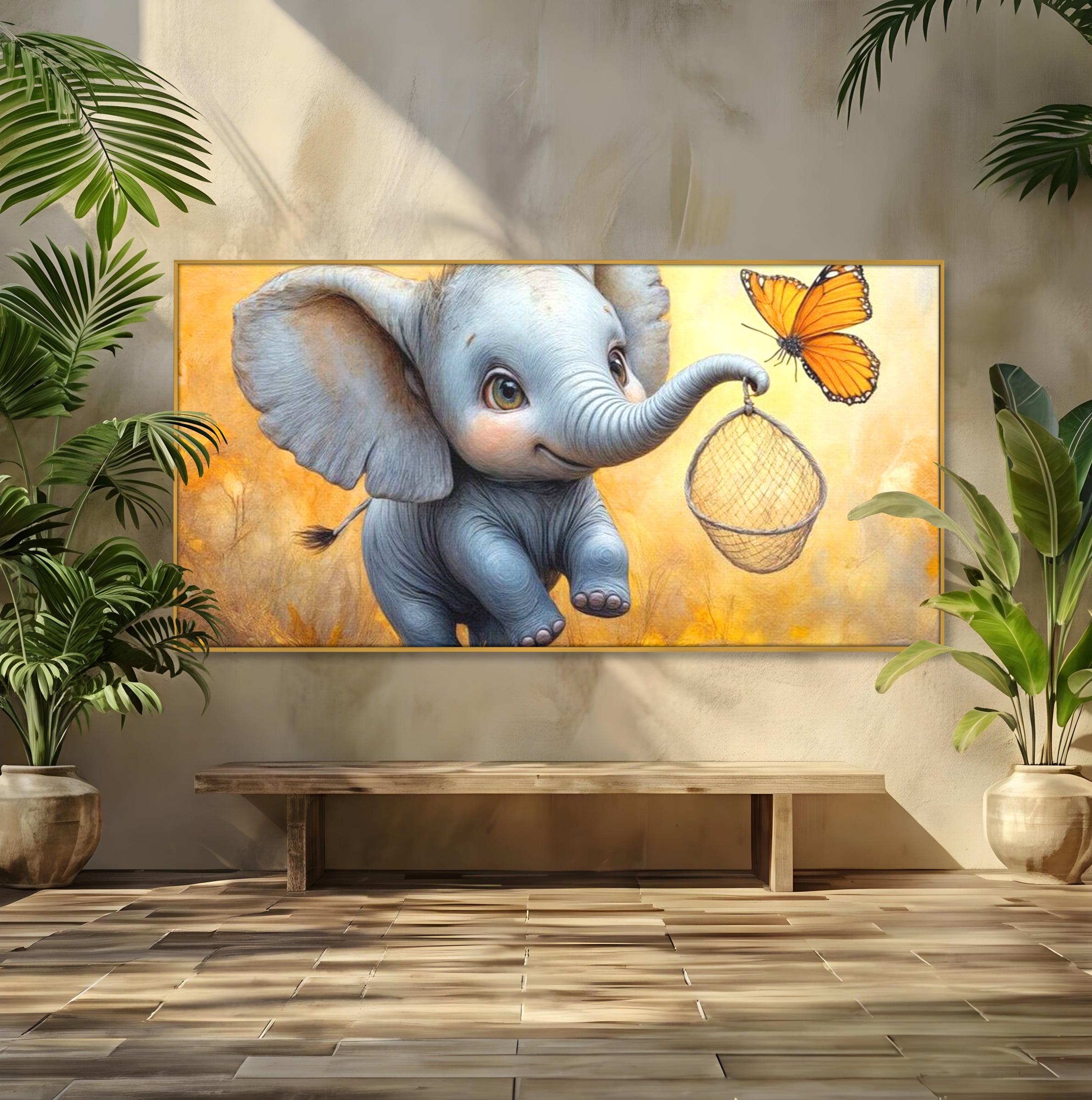 Tablou Canvas Premium, LuxCanva® K1027, Fluturasul si Elefantelul, Zbor, Aventura, Dragalas, Animale, Prietenie, Joaca, Pastel, Gradinita, Cresa, Inocenta, Copilarie, Galben, Camera Copii