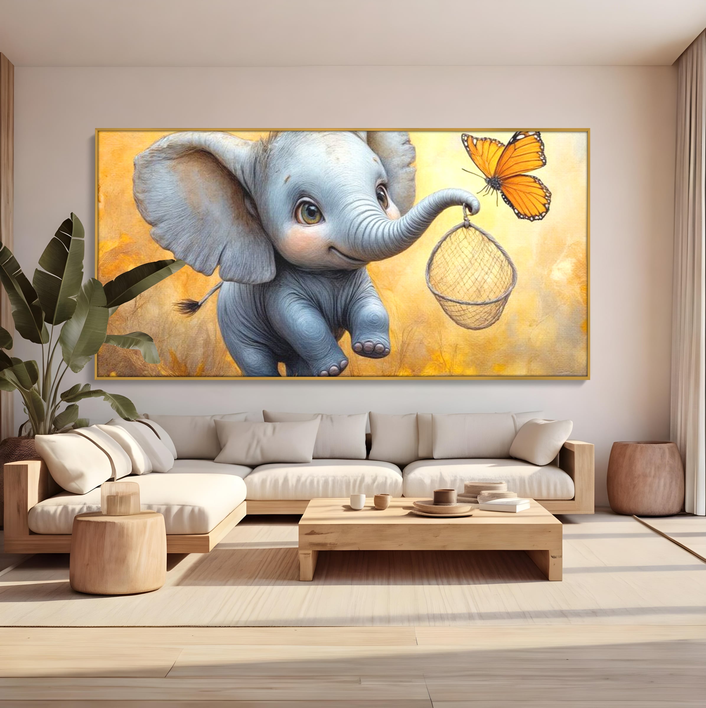 Tablou Canvas Premium, LuxCanva® K1027, Fluturasul si Elefantelul, Zbor, Aventura, Dragalas, Animale, Prietenie, Joaca, Pastel, Gradinita, Cresa, Inocenta, Copilarie, Galben, Camera Copii