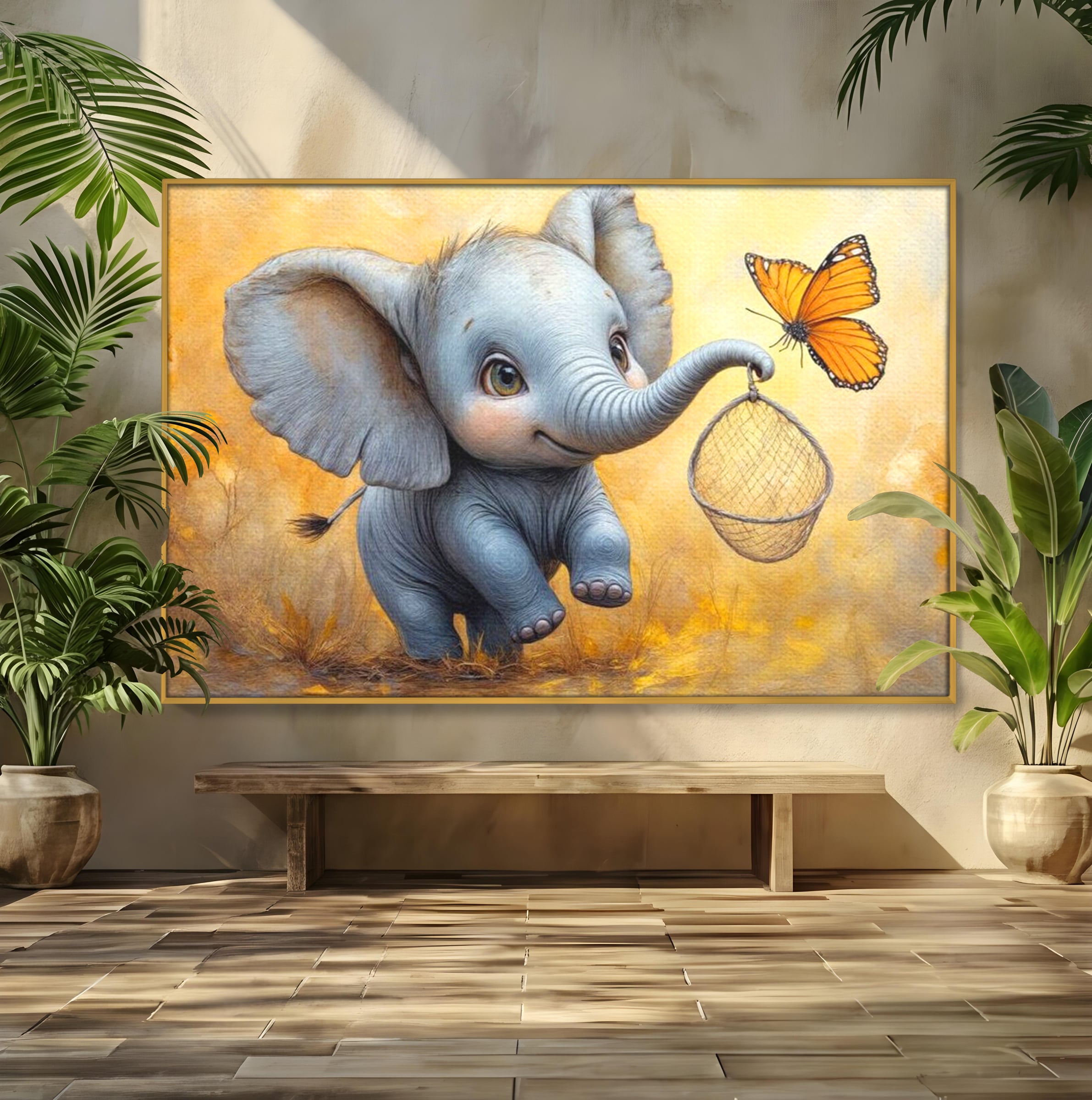 Tablou Canvas Premium, LuxCanva® K1027, Fluturasul si Elefantelul, Zbor, Aventura, Dragalas, Animale, Prietenie, Joaca, Pastel, Gradinita, Cresa, Inocenta, Copilarie, Galben, Camera Copii