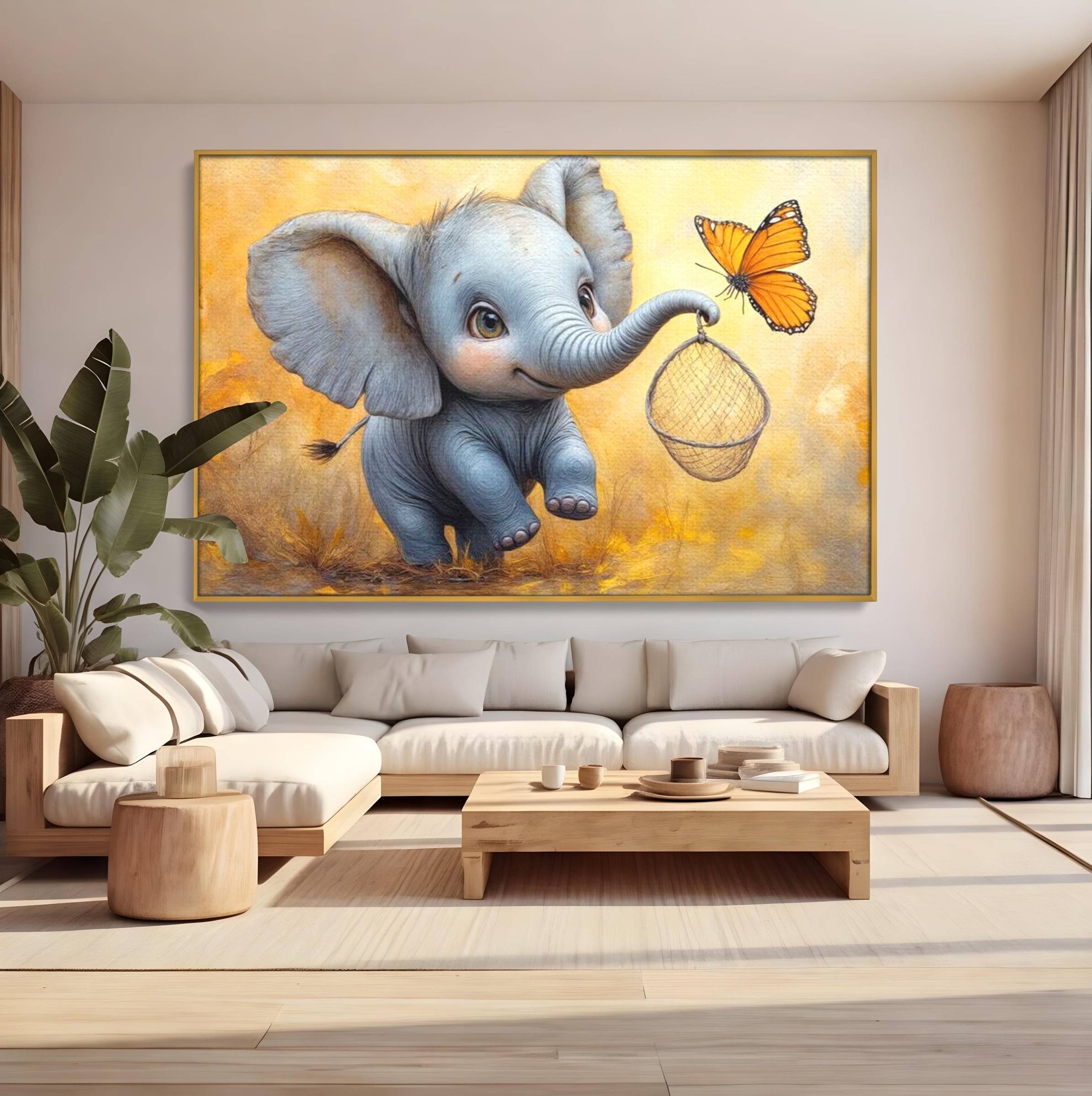 Tablou Canvas Premium, LuxCanva® K1027, Fluturasul si Elefantelul, Zbor, Aventura, Dragalas, Animale, Prietenie, Joaca, Pastel, Gradinita, Cresa, Inocenta, Copilarie, Galben, Camera Copii
