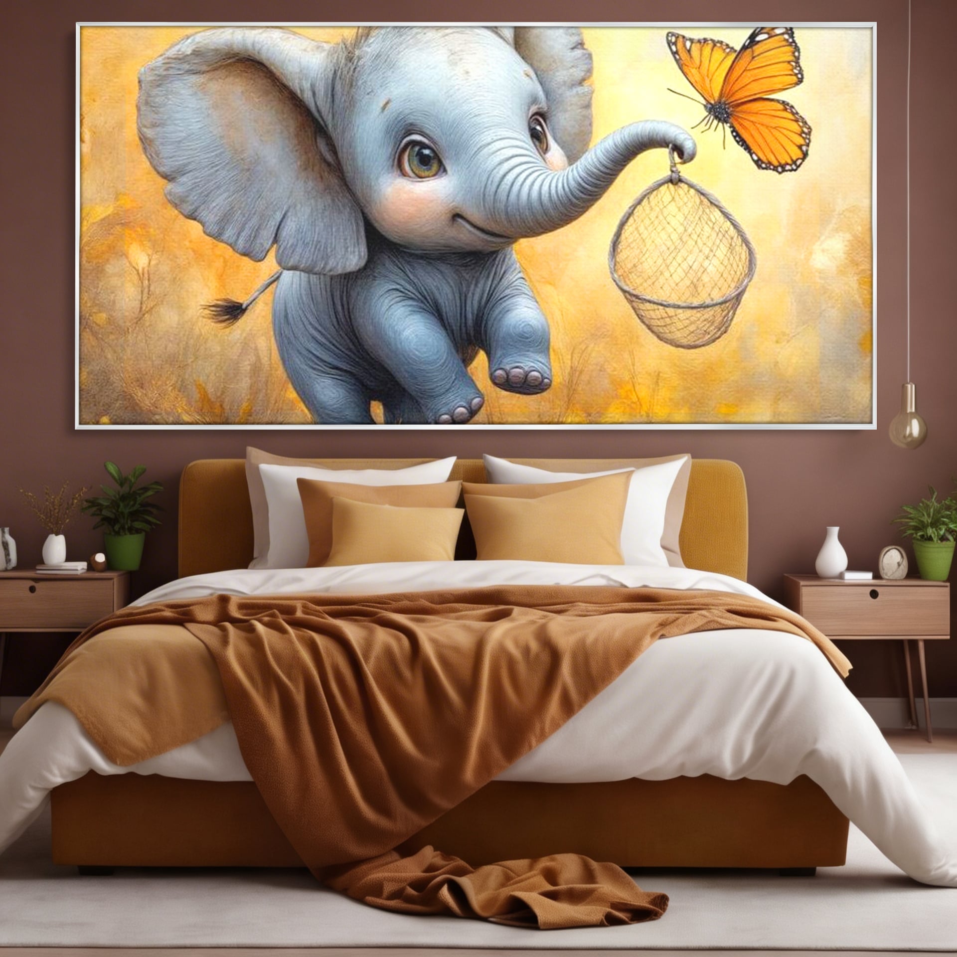 Tablou Canvas Premium, LuxCanva® K1027, Fluturasul si Elefantelul, Zbor, Aventura, Dragalas, Animale, Prietenie, Joaca, Pastel, Gradinita, Cresa, Inocenta, Copilarie, Galben, Camera Copii