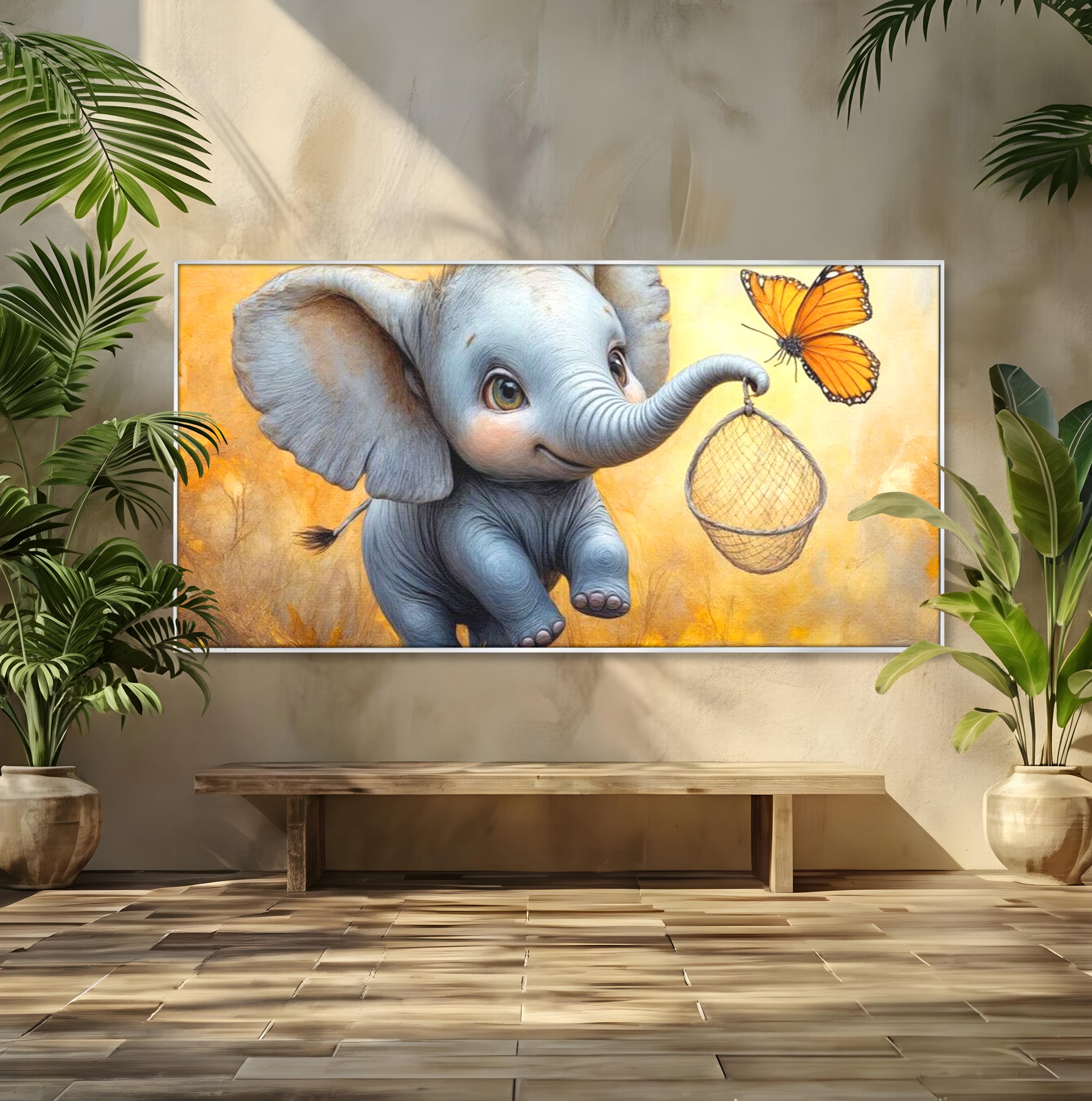 Tablou Canvas Premium, LuxCanva® K1027, Fluturasul si Elefantelul, Zbor, Aventura, Dragalas, Animale, Prietenie, Joaca, Pastel, Gradinita, Cresa, Inocenta, Copilarie, Galben, Camera Copii