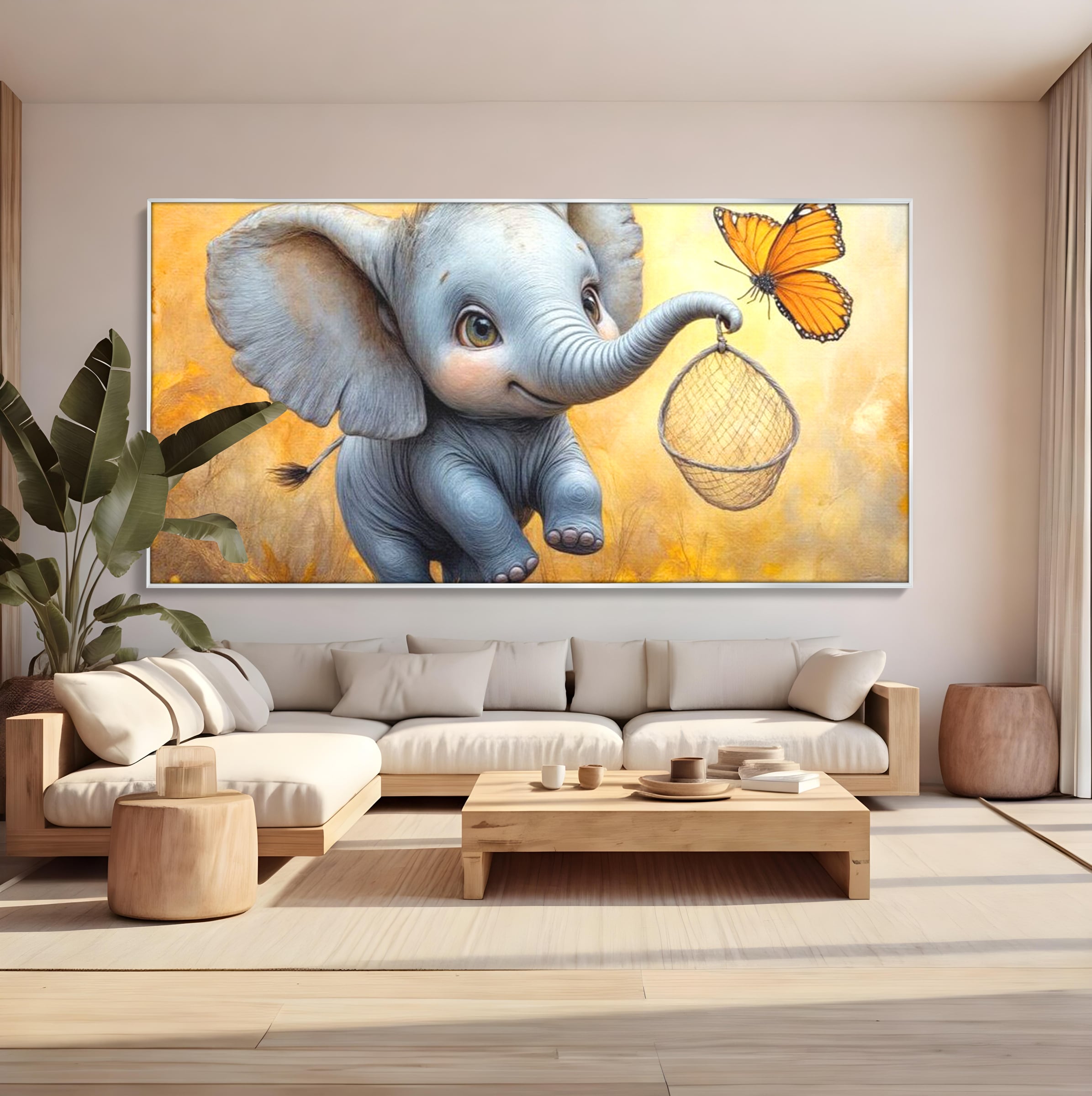 Tablou Canvas Premium, LuxCanva® K1027, Fluturasul si Elefantelul, Zbor, Aventura, Dragalas, Animale, Prietenie, Joaca, Pastel, Gradinita, Cresa, Inocenta, Copilarie, Galben, Camera Copii