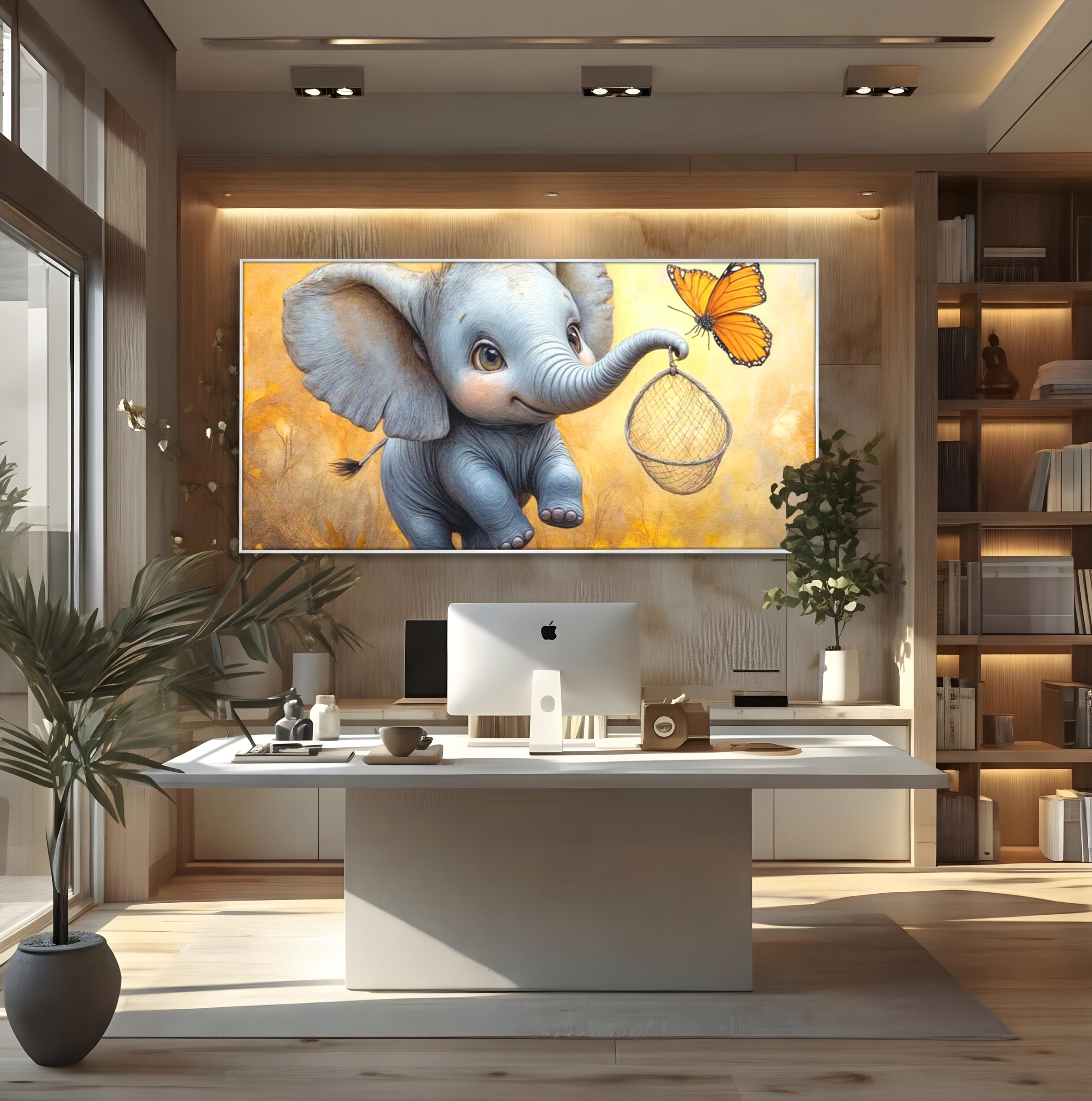 Tablou Canvas Premium, LuxCanva® K1027, Fluturasul si Elefantelul, Zbor, Aventura, Dragalas, Animale, Prietenie, Joaca, Pastel, Gradinita, Cresa, Inocenta, Copilarie, Galben, Camera Copii