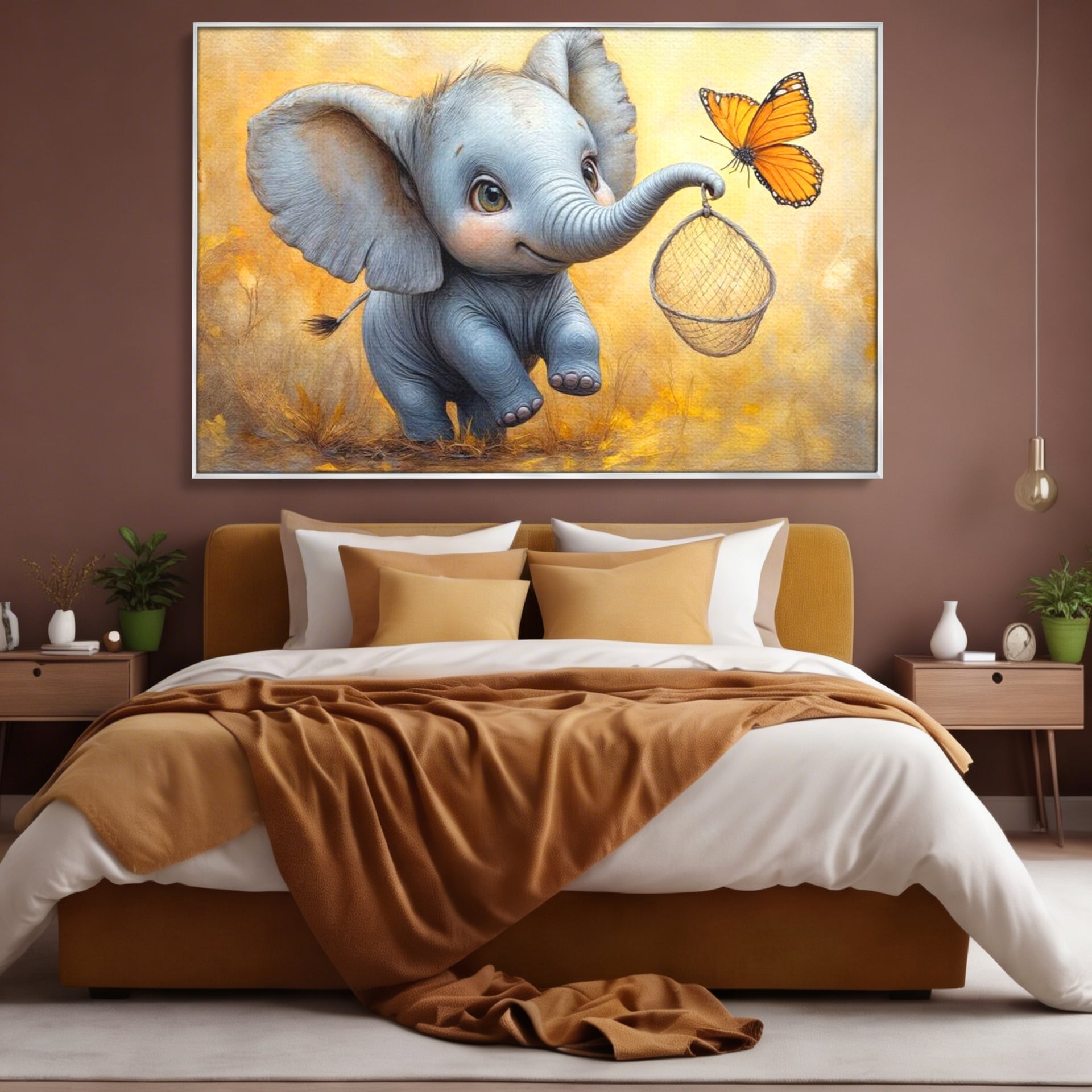 Tablou Canvas Premium, LuxCanva® K1027, Fluturasul si Elefantelul, Zbor, Aventura, Dragalas, Animale, Prietenie, Joaca, Pastel, Gradinita, Cresa, Inocenta, Copilarie, Galben, Camera Copii
