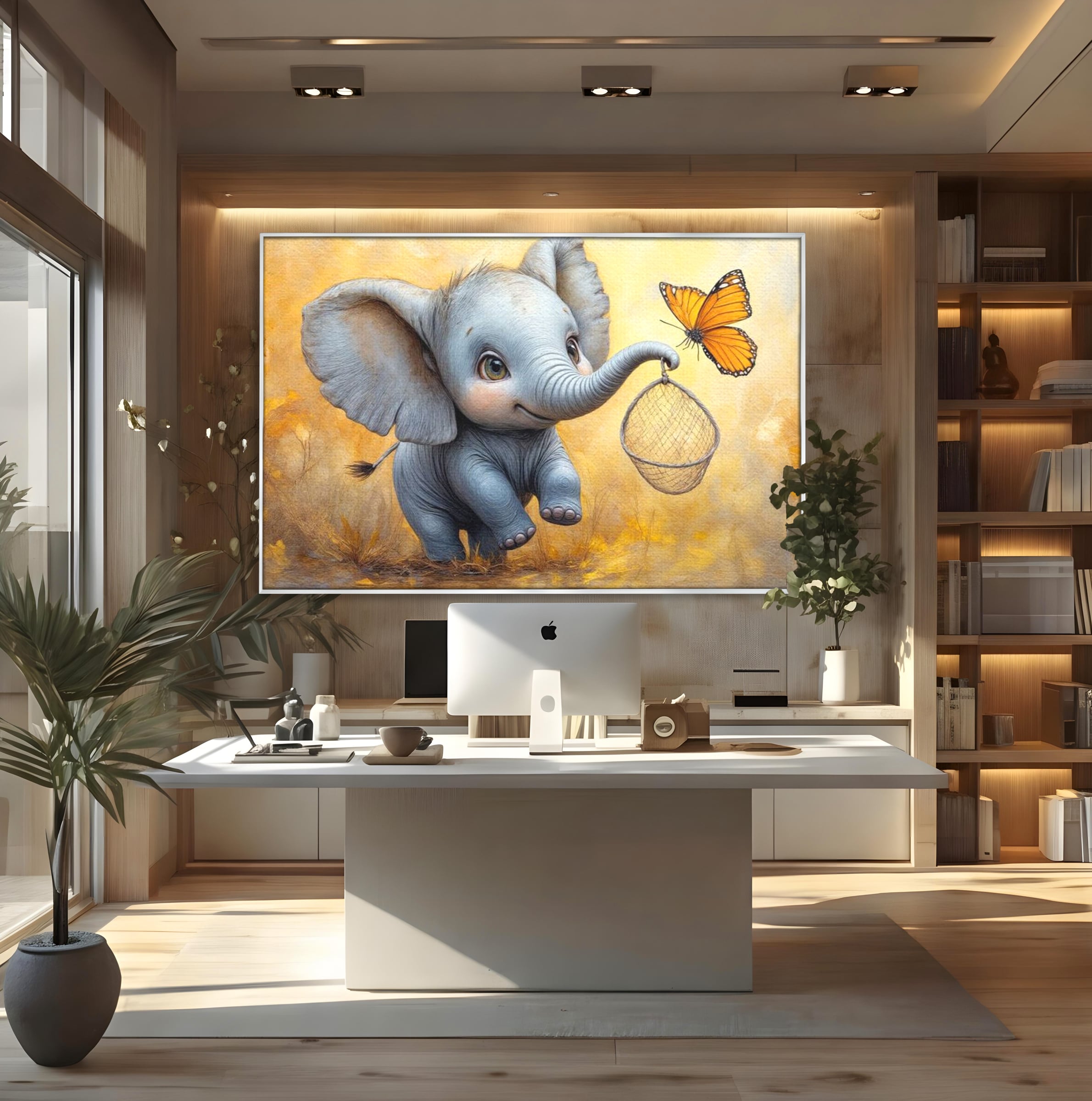 Tablou Canvas Premium, LuxCanva® K1027, Fluturasul si Elefantelul, Zbor, Aventura, Dragalas, Animale, Prietenie, Joaca, Pastel, Gradinita, Cresa, Inocenta, Copilarie, Galben, Camera Copii