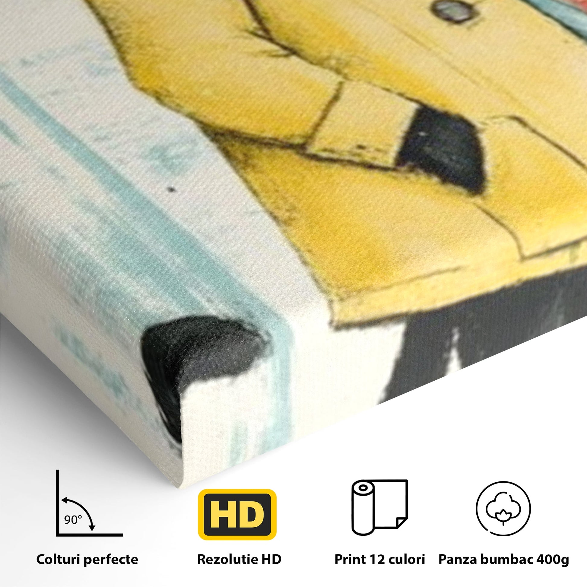 Tablou Canvas Premium, LuxCanva® K1028, Pisica Fashion,  Plimbare, Toamna, Eleganta, Felina, Ploaie, Haina, Pelerina, Galben, Pisici, Stilizare, Gradinita, Loc de Joaca, Camera Copii