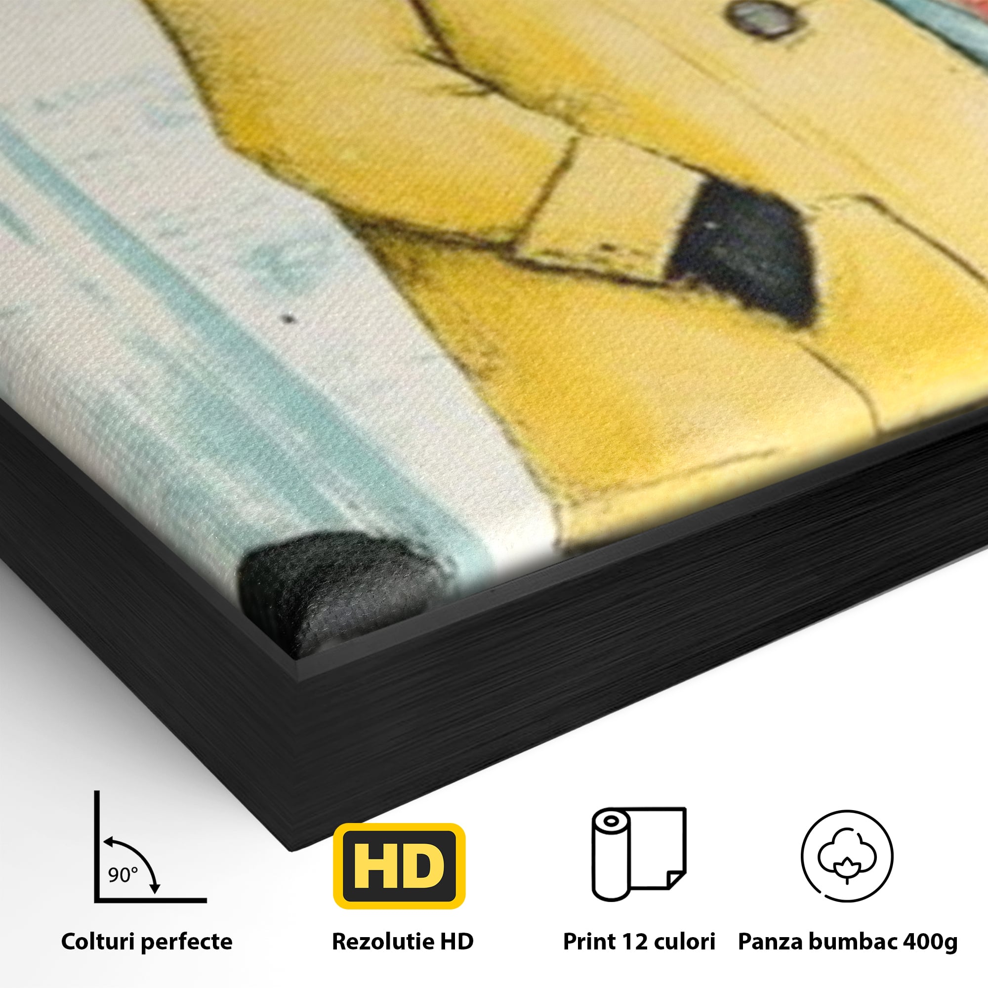 Tablou Canvas Premium, LuxCanva® K1028, Pisica Fashion,  Plimbare, Toamna, Eleganta, Felina, Ploaie, Haina, Pelerina, Galben, Pisici, Stilizare, Gradinita, Loc de Joaca, Camera Copii