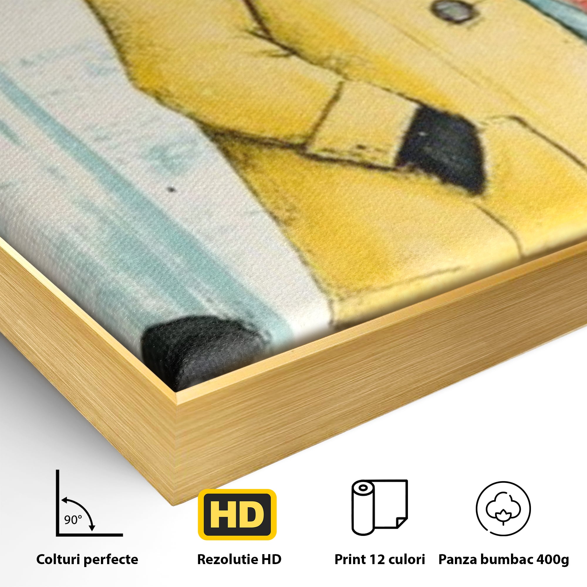 Tablou Canvas Premium, LuxCanva® K1028, Pisica Fashion,  Plimbare, Toamna, Eleganta, Felina, Ploaie, Haina, Pelerina, Galben, Pisici, Stilizare, Gradinita, Loc de Joaca, Camera Copii