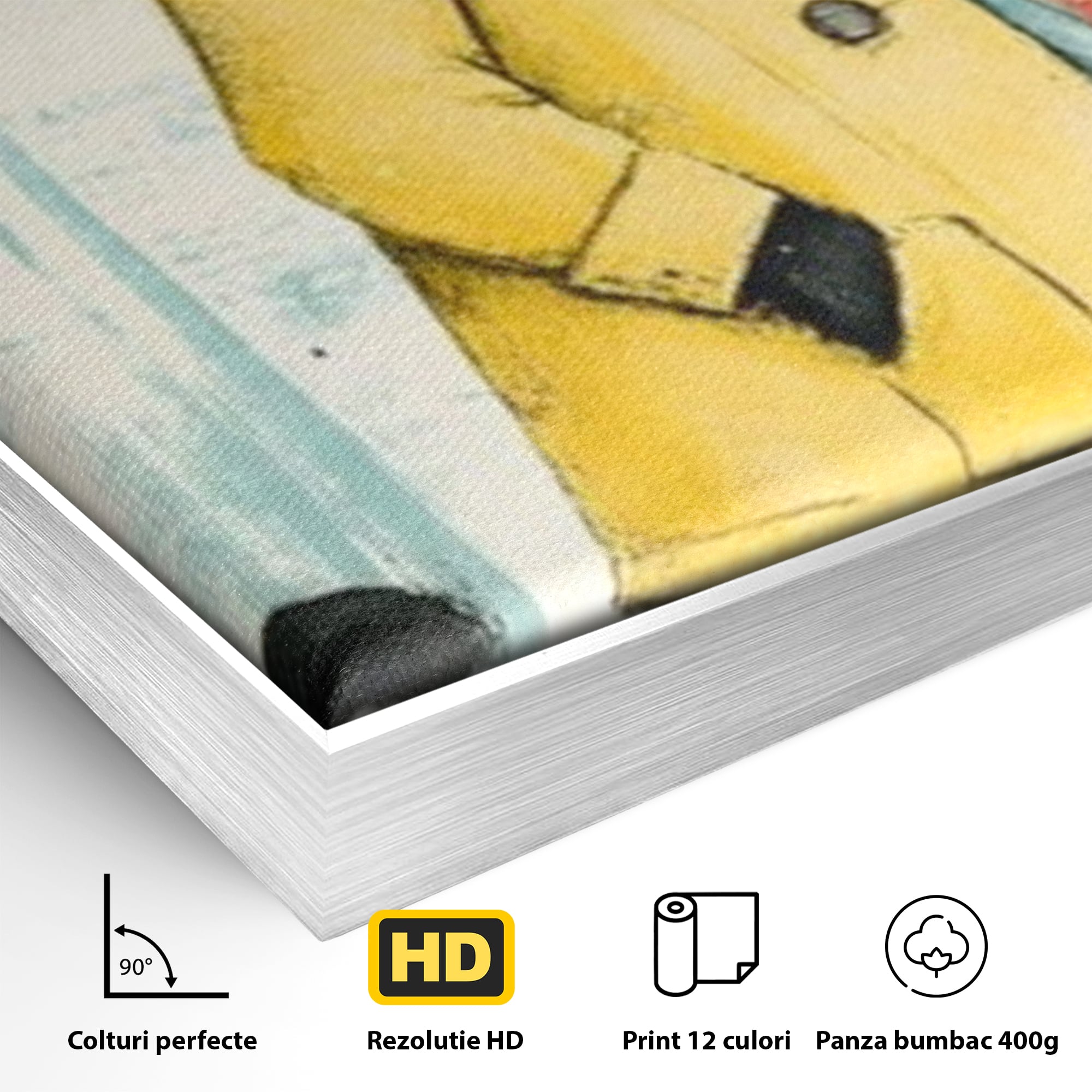 Tablou Canvas Premium, LuxCanva® K1028, Pisica Fashion,  Plimbare, Toamna, Eleganta, Felina, Ploaie, Haina, Pelerina, Galben, Pisici, Stilizare, Gradinita, Loc de Joaca, Camera Copii