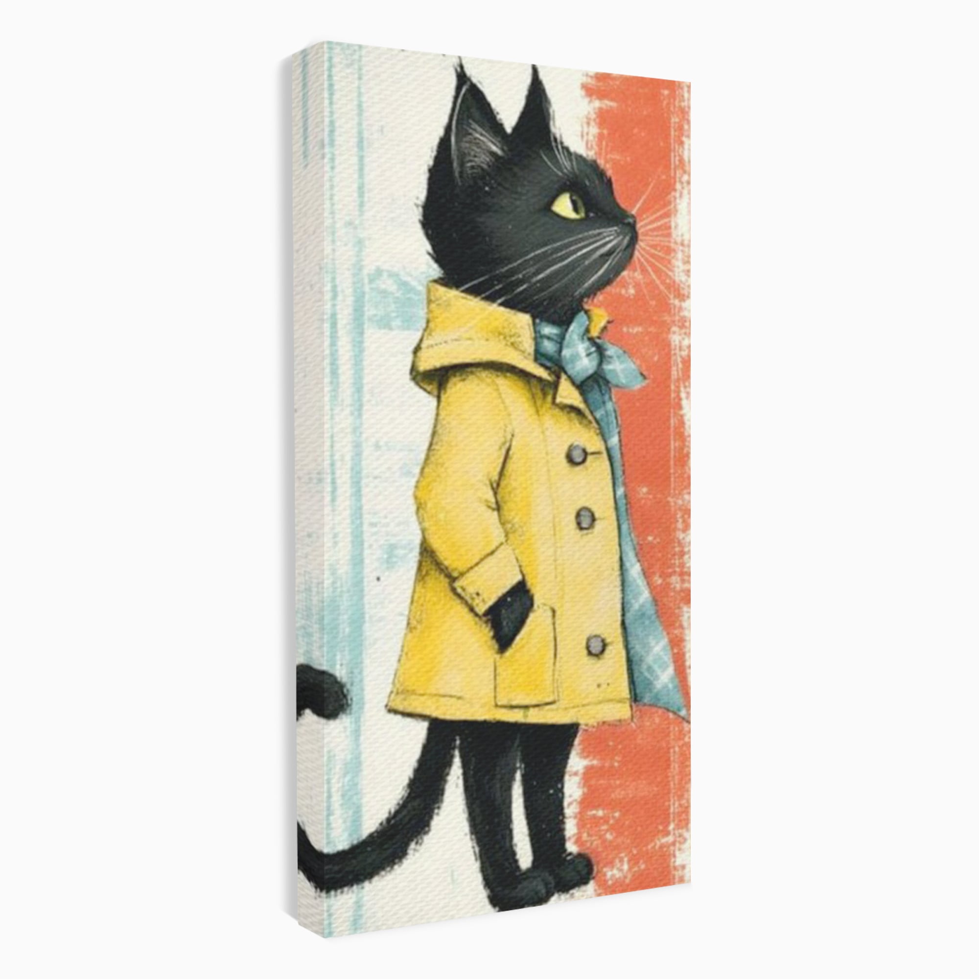 Tablou Canvas Premium, LuxCanva® K1028, Pisica Fashion,  Plimbare, Toamna, Eleganta, Felina, Ploaie, Haina, Pelerina, Galben, Pisici, Stilizare, Gradinita, Loc de Joaca, Camera Copii