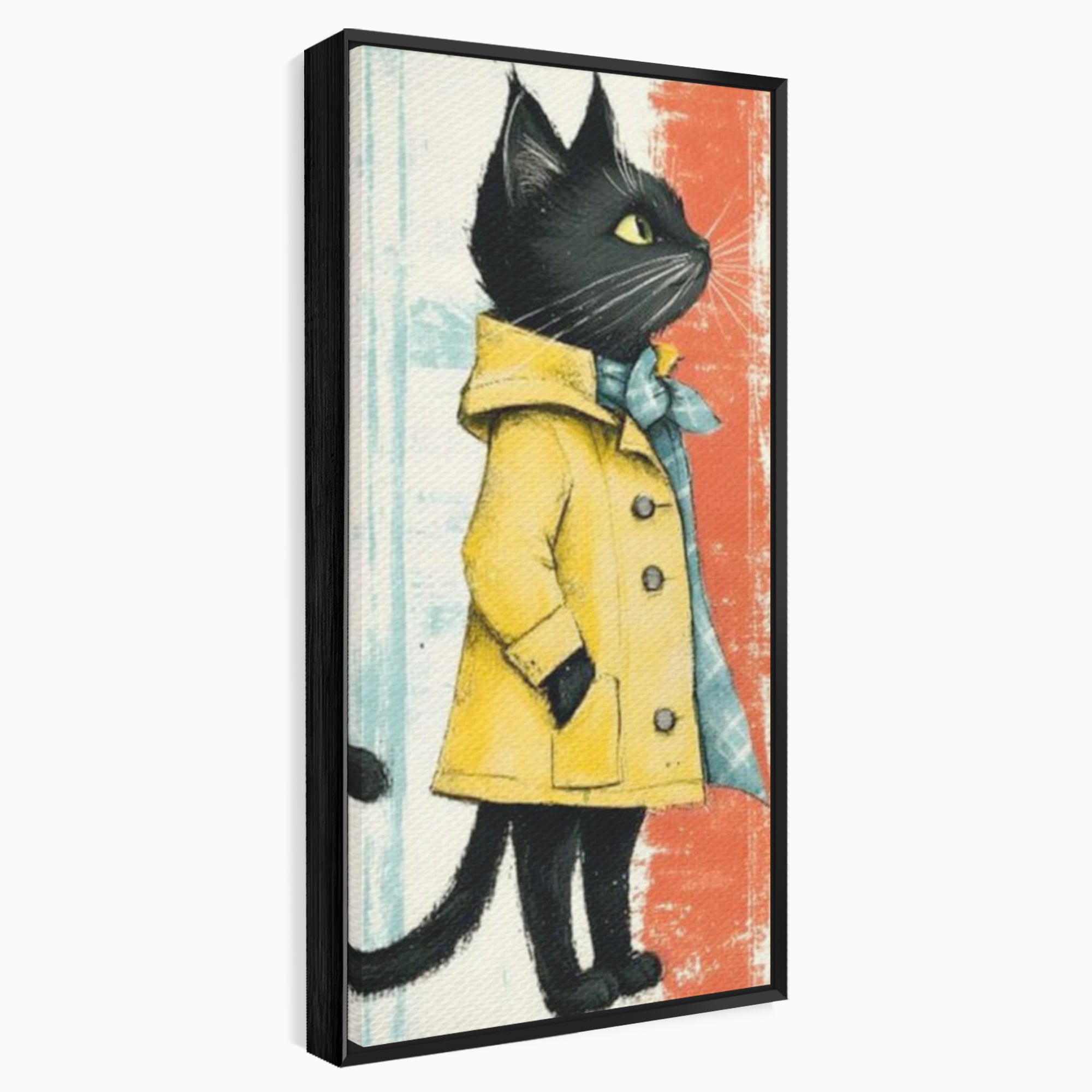 Tablou Canvas Premium, LuxCanva® K1028, Pisica Fashion,  Plimbare, Toamna, Eleganta, Felina, Ploaie, Haina, Pelerina, Galben, Pisici, Stilizare, Gradinita, Loc de Joaca, Camera Copii