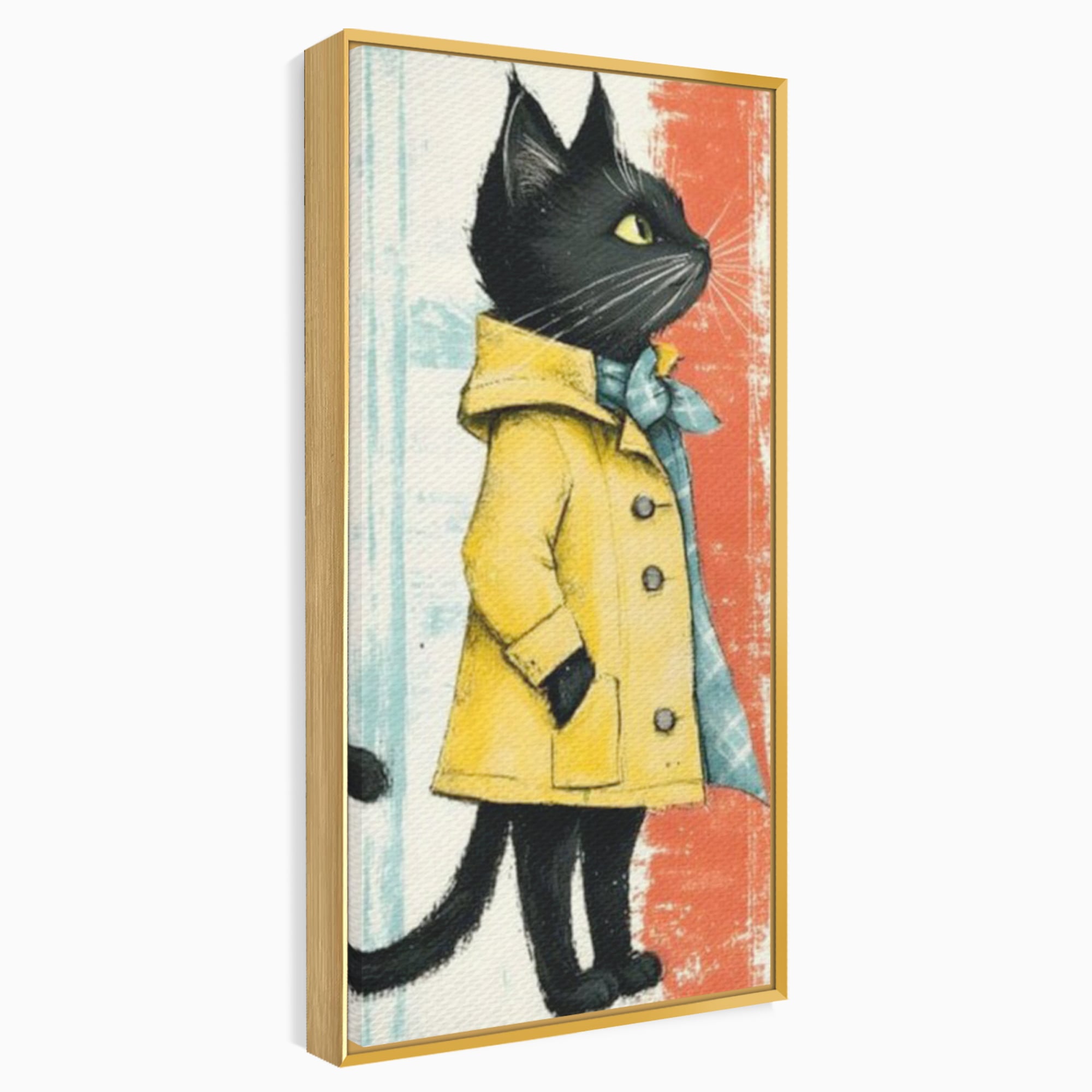 Tablou Canvas Premium, LuxCanva® K1028, Pisica Fashion,  Plimbare, Toamna, Eleganta, Felina, Ploaie, Haina, Pelerina, Galben, Pisici, Stilizare, Gradinita, Loc de Joaca, Camera Copii