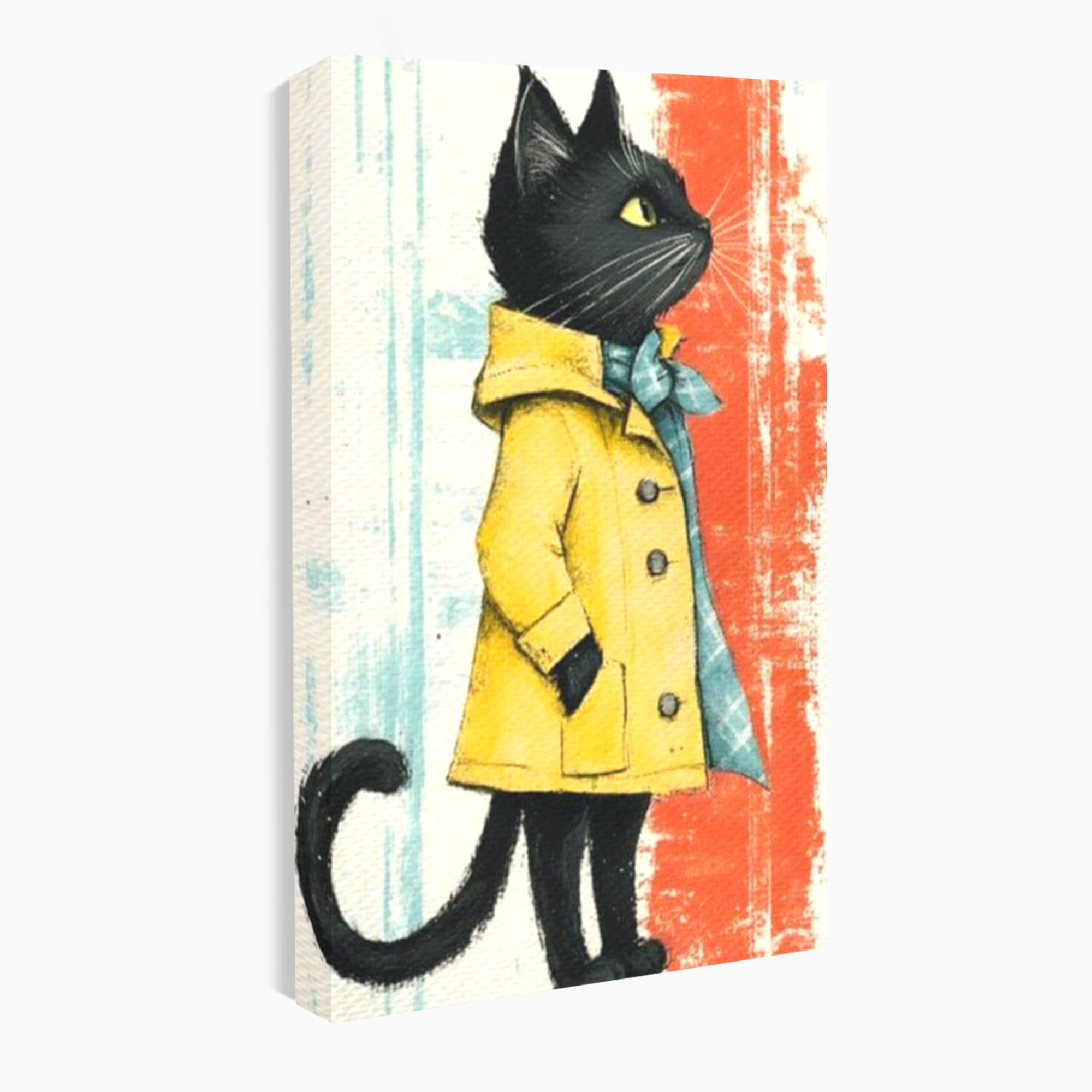 Tablou Canvas Premium, LuxCanva® K1028, Pisica Fashion,  Plimbare, Toamna, Eleganta, Felina, Ploaie, Haina, Pelerina, Galben, Pisici, Stilizare, Gradinita, Loc de Joaca, Camera Copii