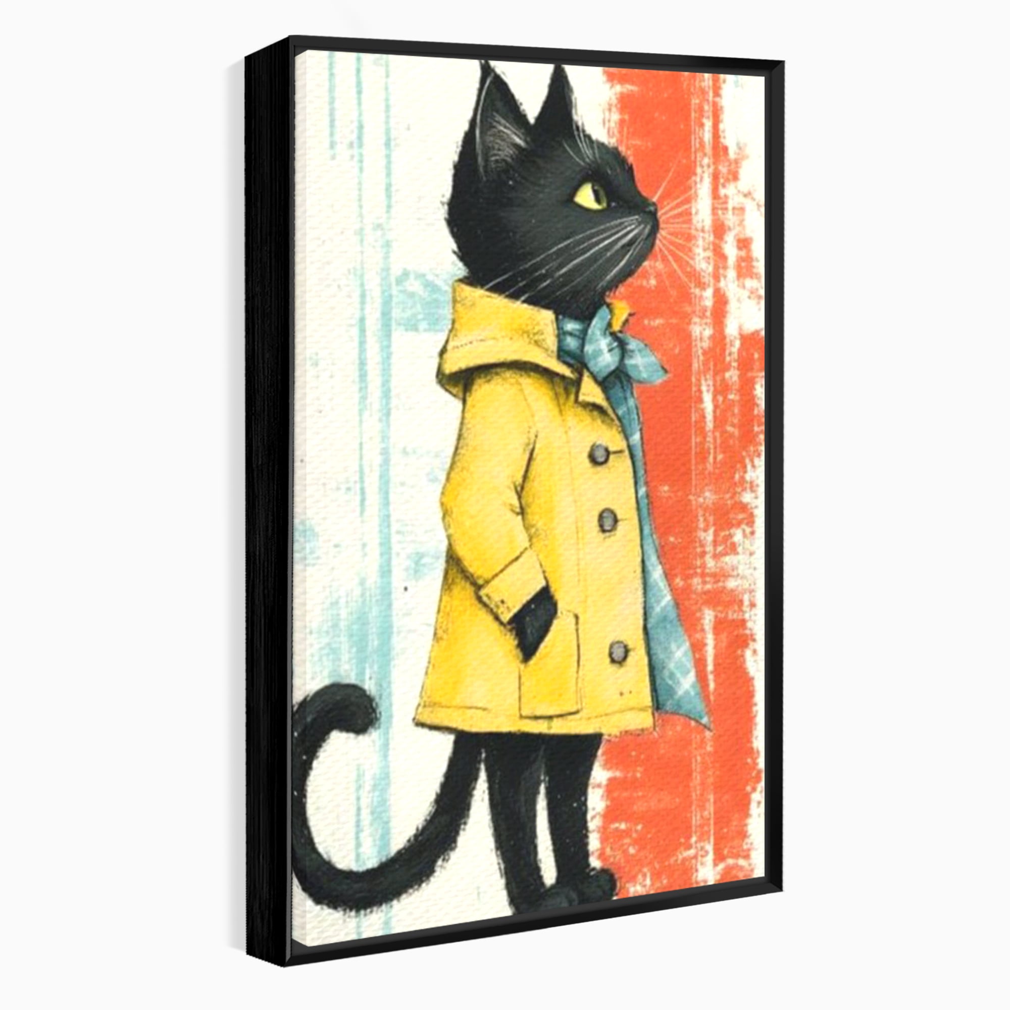 Tablou Canvas Premium, LuxCanva® K1028, Pisica Fashion,  Plimbare, Toamna, Eleganta, Felina, Ploaie, Haina, Pelerina, Galben, Pisici, Stilizare, Gradinita, Loc de Joaca, Camera Copii