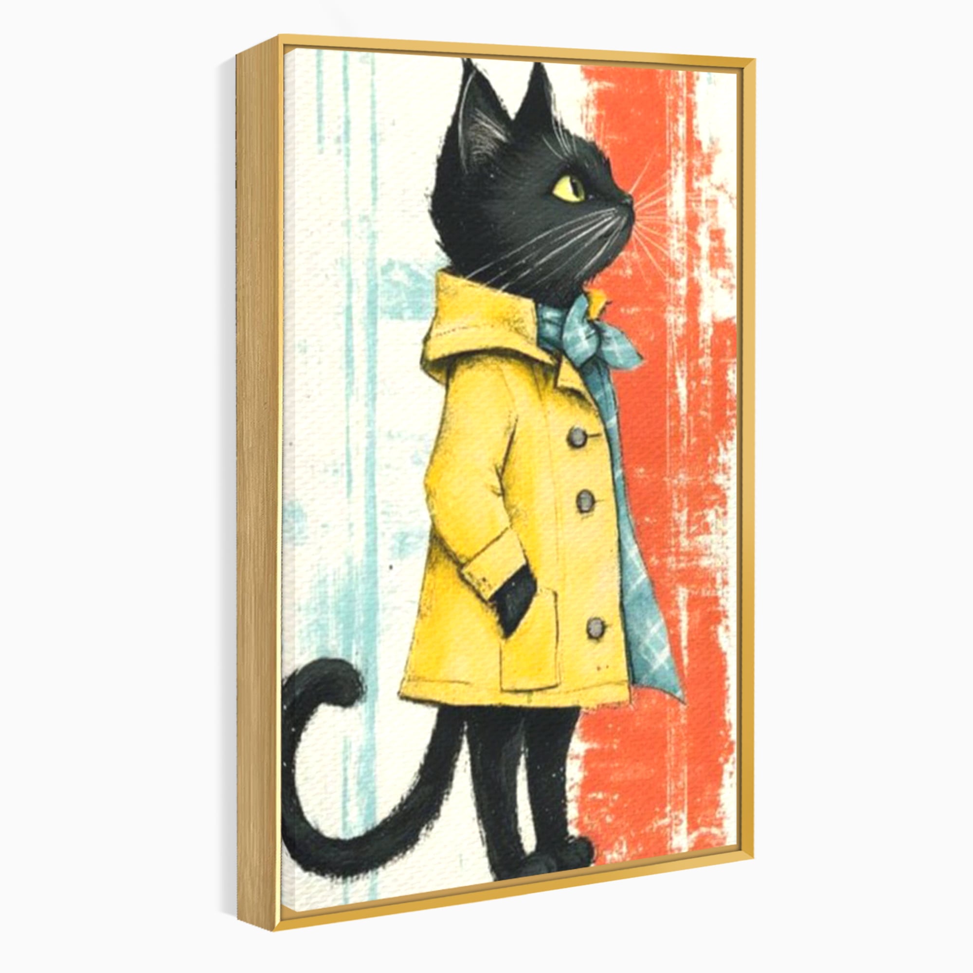 Tablou Canvas Premium, LuxCanva® K1028, Pisica Fashion,  Plimbare, Toamna, Eleganta, Felina, Ploaie, Haina, Pelerina, Galben, Pisici, Stilizare, Gradinita, Loc de Joaca, Camera Copii