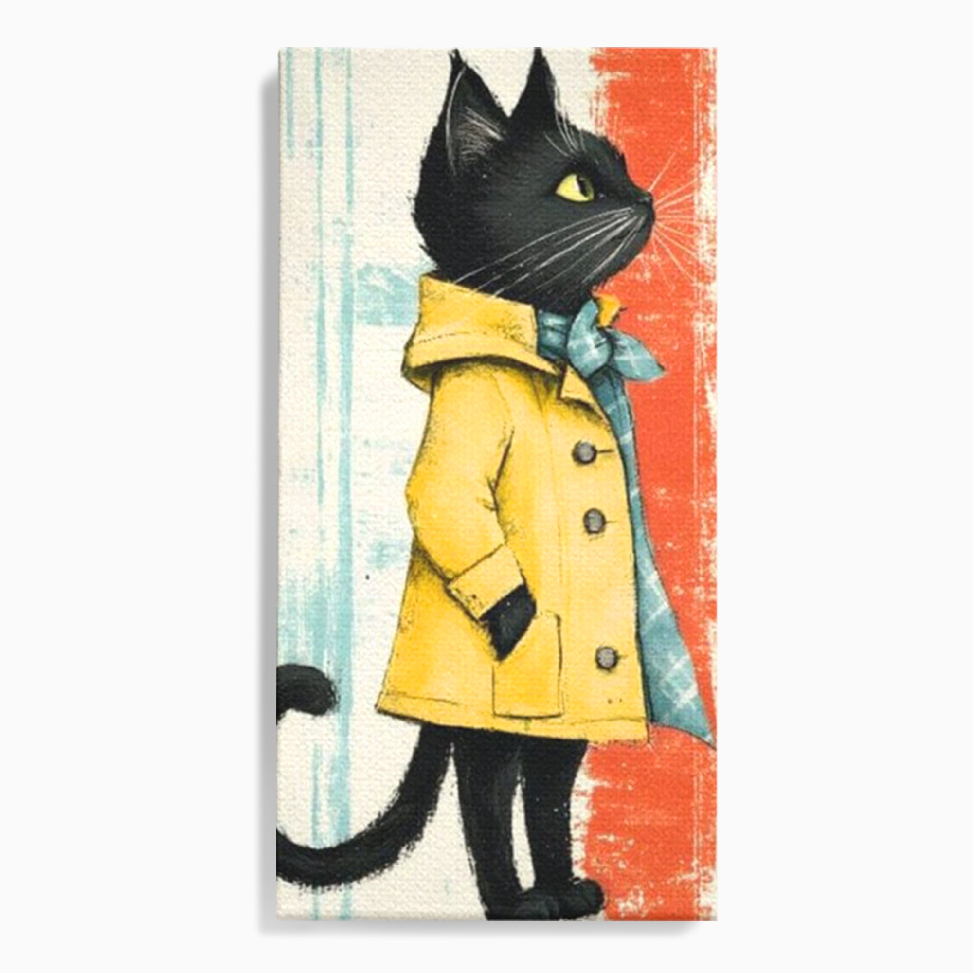 Tablou Canvas Premium, LuxCanva® K1028, Pisica Fashion,  Plimbare, Toamna, Eleganta, Felina, Ploaie, Haina, Pelerina, Galben, Pisici, Stilizare, Gradinita, Loc de Joaca, Camera Copii