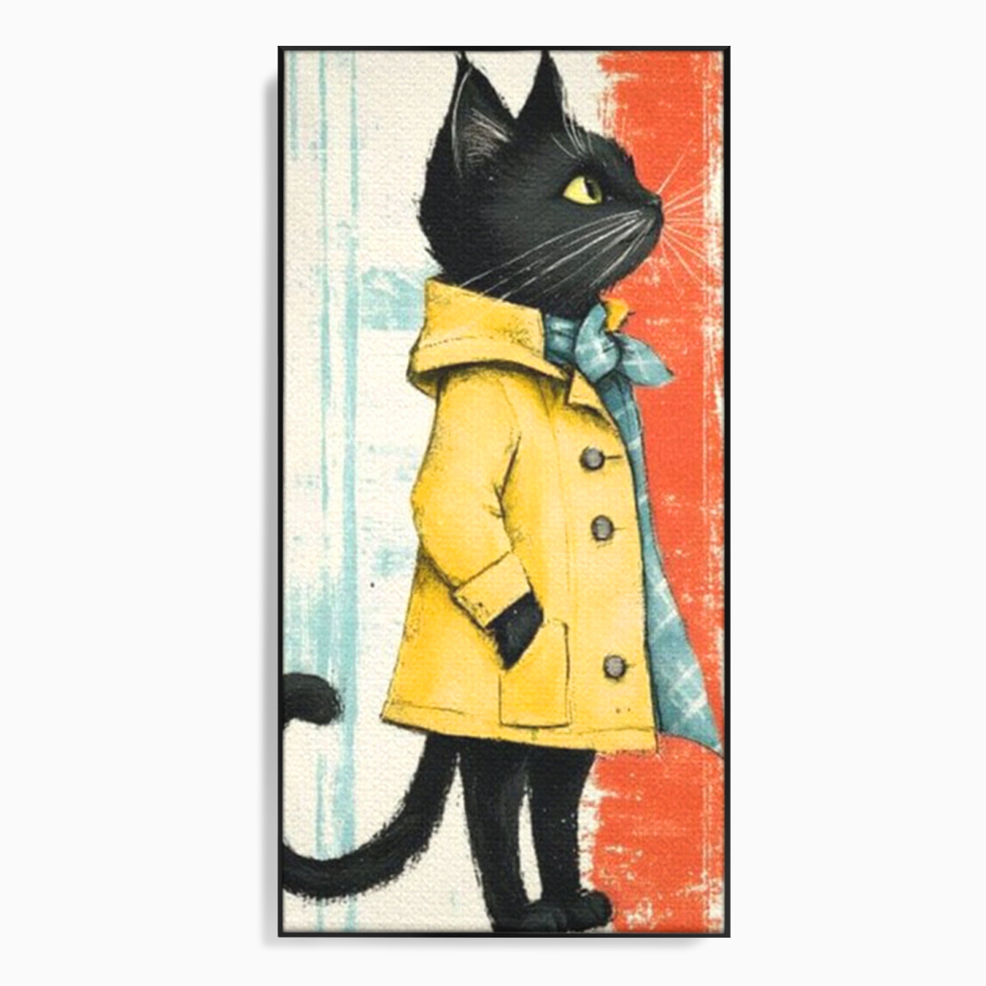 Tablou Canvas Premium, LuxCanva® K1028, Pisica Fashion,  Plimbare, Toamna, Eleganta, Felina, Ploaie, Haina, Pelerina, Galben, Pisici, Stilizare, Gradinita, Loc de Joaca, Camera Copii